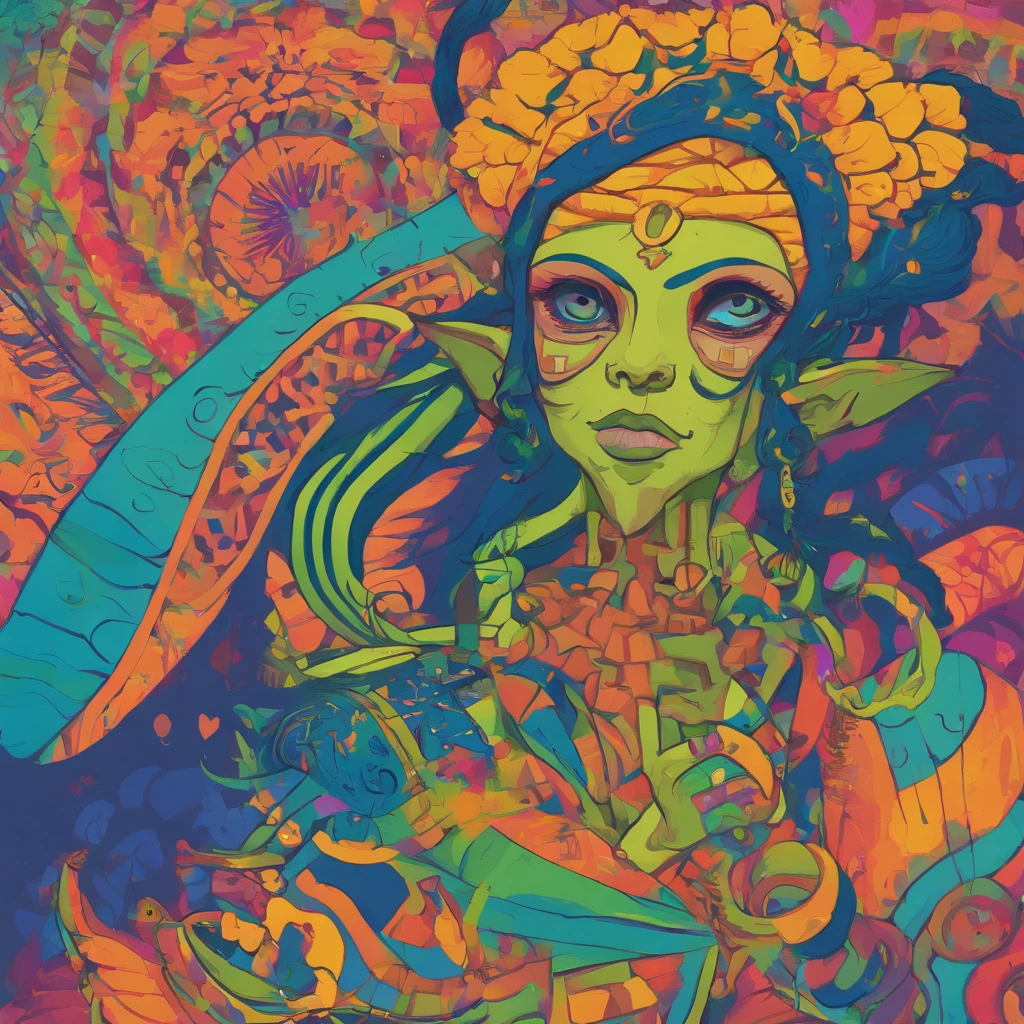 One small, female goblin with greenish yellow skin. Her eyes are gray blue, and she has straight, dark blue hair. She wears a hide style tribal outfit, befitting of a tribal alchemist. It consists of a tribal crop top and a tribal style long skirt with a split in the thigh. The goblin has teal blue tribal paint markings on her arms. She also a tail with dark blue tuff at the end that matches her hair. It has a small pouch attached to it.