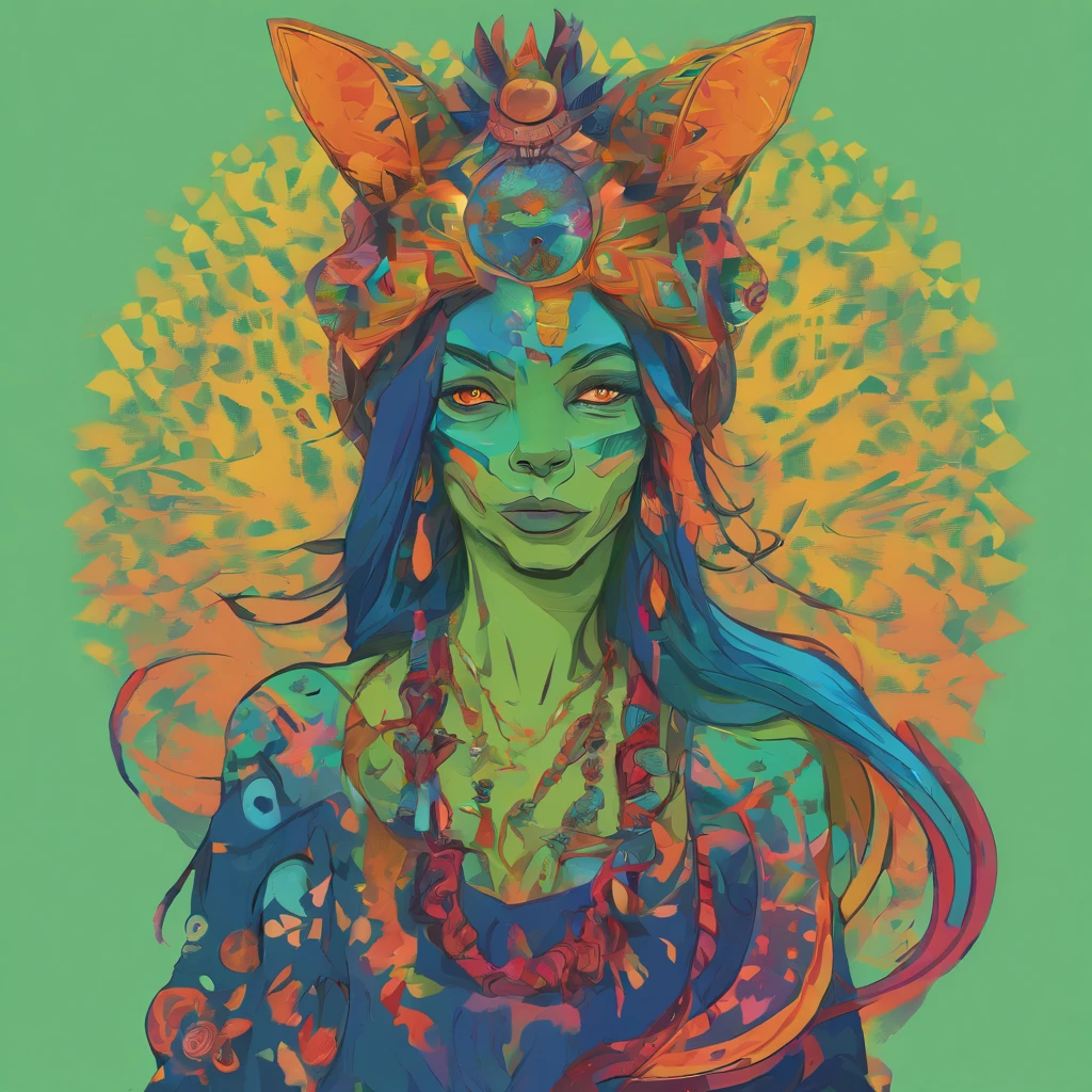 One small, female goblin with greenish yellow skin. Her eyes are gray blue, and she has straight, dark blue hair. She wears a hide style tribal outfit, befitting of a tribal alchemist. It consists of a tribal crop top and a tribal style long skirt with a split in the thigh. The goblin has teal blue tribal paint markings on her arms. She also a tail with dark blue tuff at the end that matches her hair. It has a small pouch attached to it.