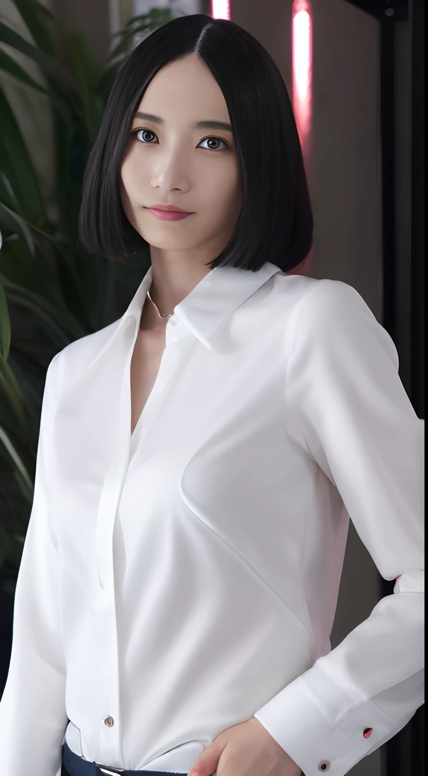 (side lights、Photorealsitic、Beautiful Eyes of Details:1.2)、portlate、realisitic、3D顔、shinny skin、(masterpiece、top-quality、beautiful quality、View Camera Lens、8K:1.4)、women's pictures、独奏、Hotel Rooms、Gorgeous bed、1girl in、Ayano Omoto、fullnude、sexy pose、White Business Shirt、Men's shirts、Long-sleeved shirt、The lower part of the body is bare、Beautiful pubic hair