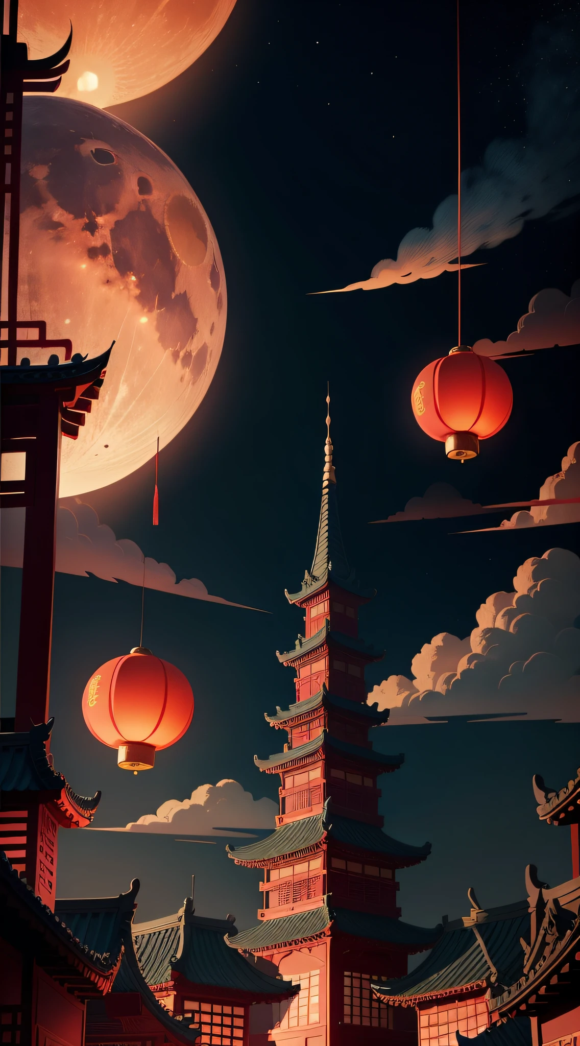 Mid-Autumn Festival，Moon cake， Auspicious clouds, Red lanterns, Exquisite ancient Chinese architecture, In the background is a huge moon, With vector line illustration, amarelo、Red and dark blue tones, Abstract picture, No Man，No Man，No Man，surrealism, Clear background trends, clear contour light, Edge light, fantasy, Dappled light, Flat illustration,Disney style, 8K, --AR 9:16 --q 2 --niji 5