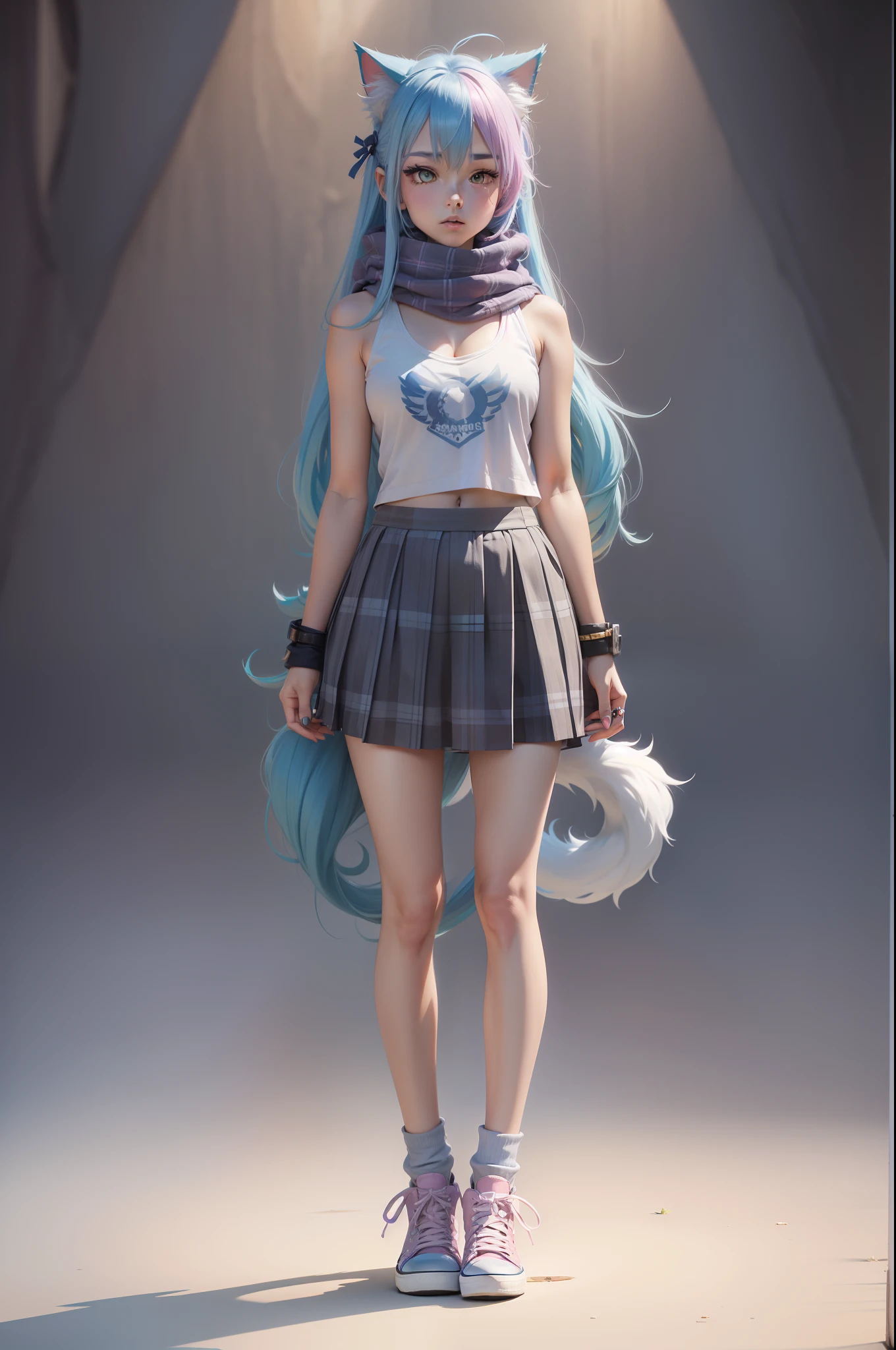 anime girl with blue hair standing, full body adoptable, long haired humanoid fursona, character adoptable, single character full body, full body sprite, semi-realistic style character, with converse, grey tanktop, plaid skirt, pastel pink scarf, fluffy cat tail, cat ears, angel wings