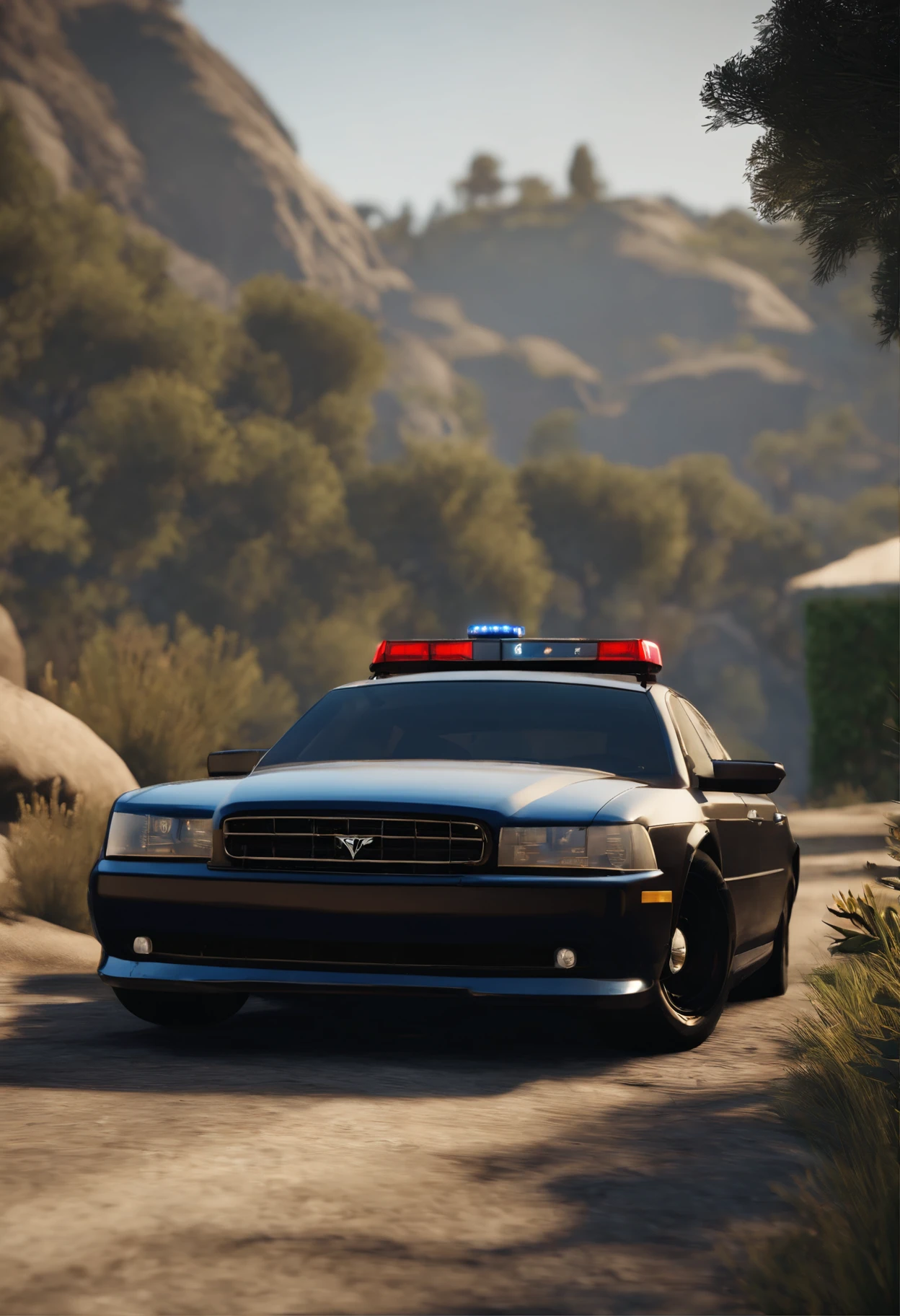 There is a police car that is parked on a hill, Tesla Police, gta 6 estilo, cel sombreado pbr, [ Fotorrealismo 4K ], Screenshot de GTA V, gta5 estilo, ENB, detalhes insanamente finos, renderizado em cryengine, gta v captura de tela, gta v estilo, gta 5 captura de tela, Forrest em segundo plano, com cryengine, Estilo de GTA V
