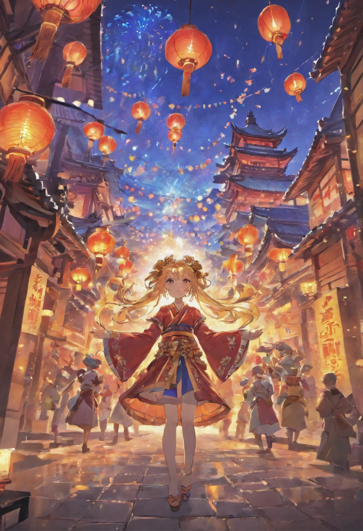 "New Year celebration in a traditional Chinese city, illuminated night sky, majestic Buddha image at the center, intricately adorned surroundings, vibrant Chinese lanterns hanging all around, sparkling sparklers, devoid of any people."