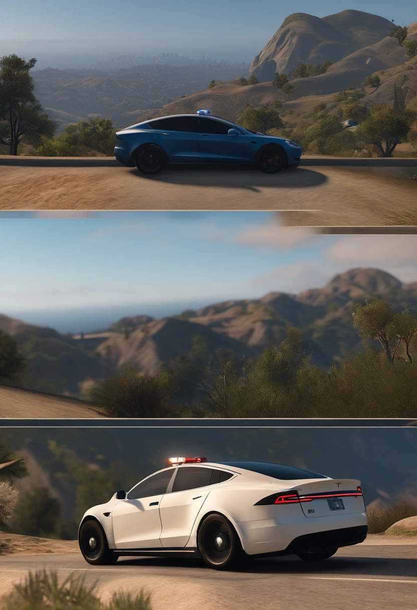 There is a police car that is parked on a hill, Tesla Police, GTA 6 estilo, cel sombreado pbr, [ Fotorrealismo 4K ], Screenshot de GTA V, Estilo GTA5, ENB, detalhes insanamente finos, renderizado em cryengine, gta v captura de tela, gta v estilo, gta 5 captura de tela, Forrest em segundo plano, com cryengine, GTA V Estilo