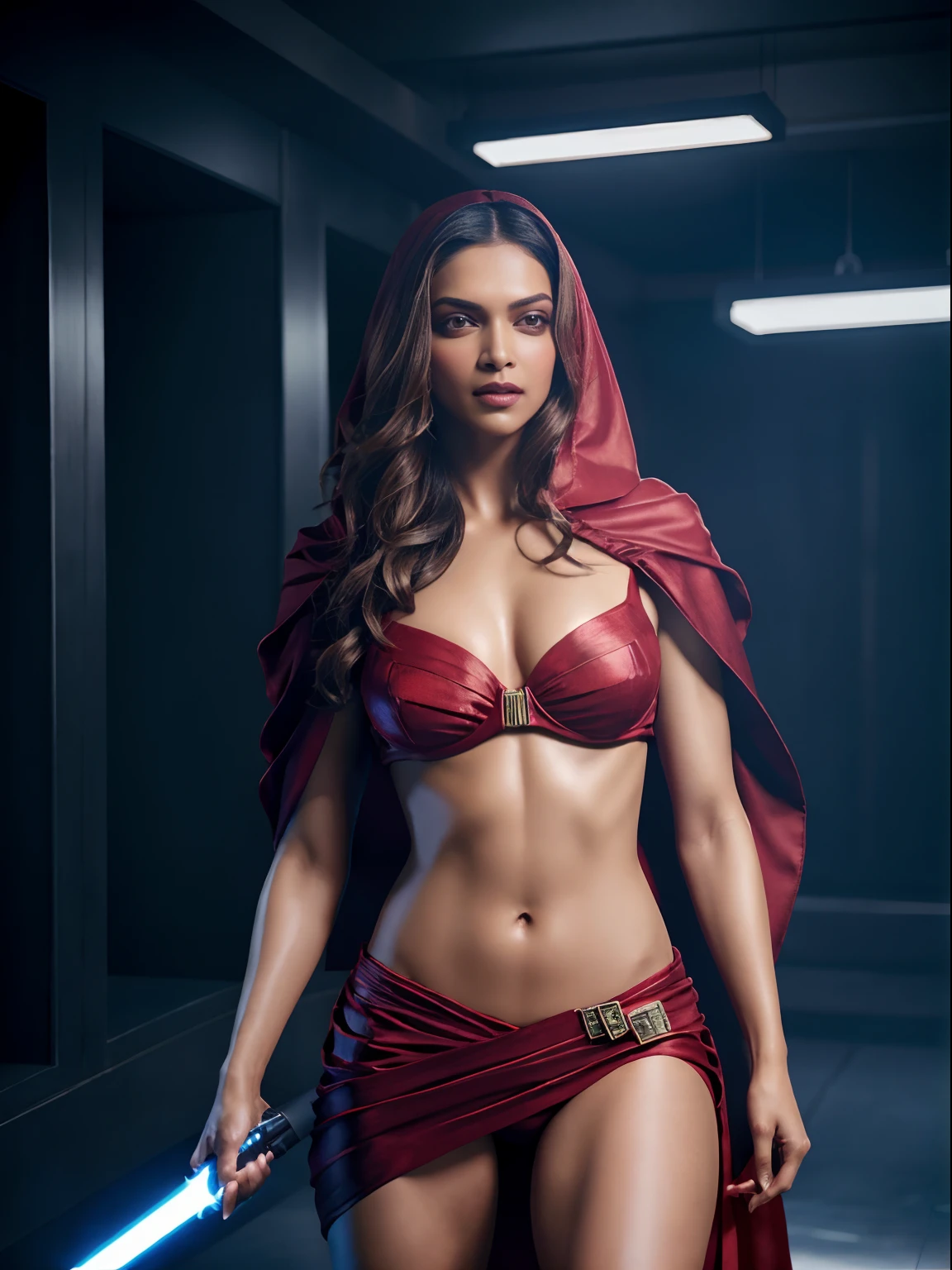 Deepika Padukone as an extremely sexy red riding hood, dynamic pose, full body, highly detailed face, perfect face, perfect body, golden hour, photorealistic, high contrast, 8k HD, detailed, hyper-detailed, realistic skin texture, covered with red hood, big breast, best quality, ultra high res, raw photo, dramatic lighting, unreal engine, diffuse glow, holding a blue light saber, Starwars Coruscant Background