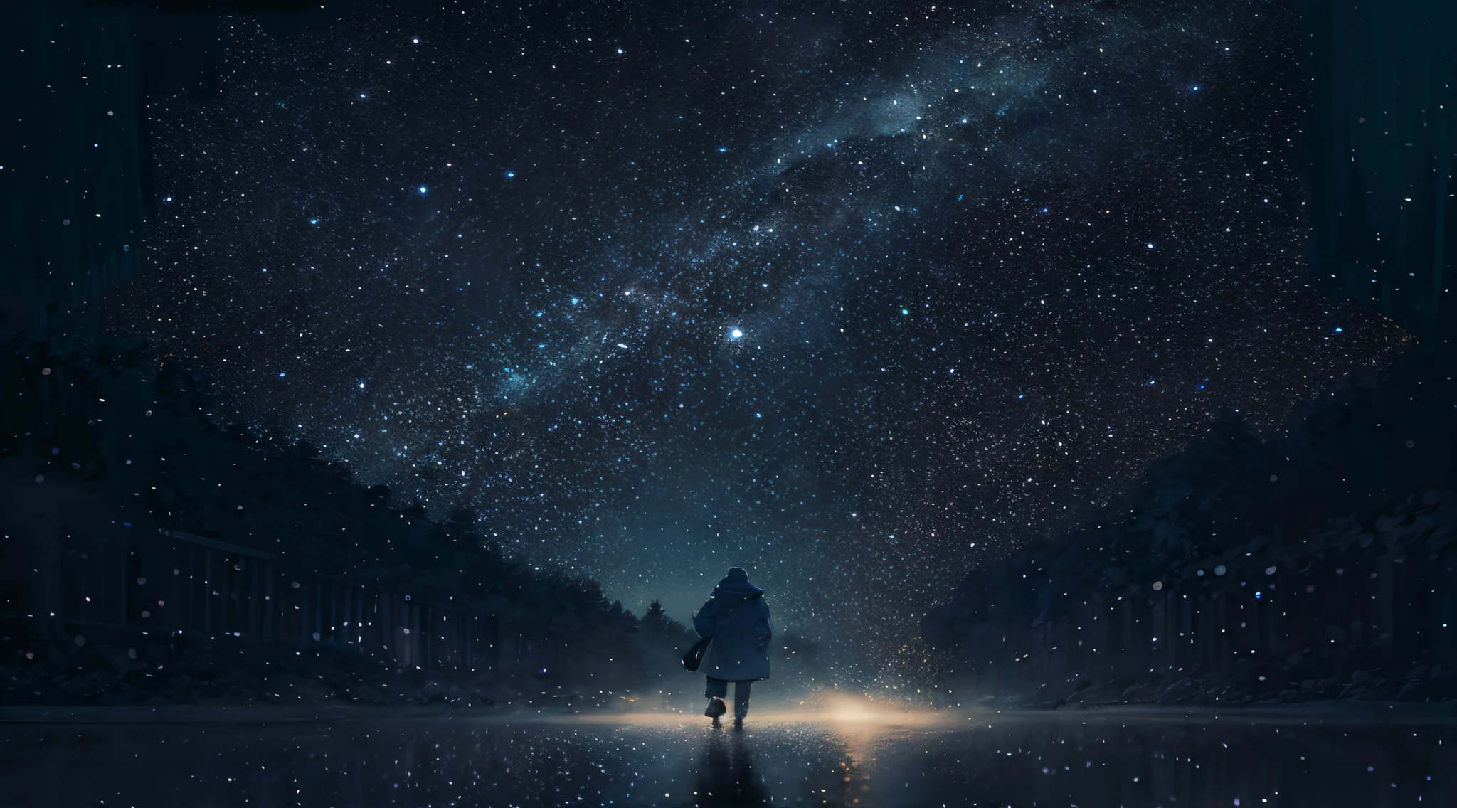 Starry sky with a man walking in the middle of the road, 8K HD wallpaper digital art, Movie 4K wallpaper, Movie 4K wallpaper, calm evening. Digital illustration, Cosmos Sky. By Makoto Shinkai, Anime art wallpaper 4k, Anime art wallpaper 4 K, Concept art wallpaper 4K, Anime art wallpaper 8 K, Starry Sky 8 K