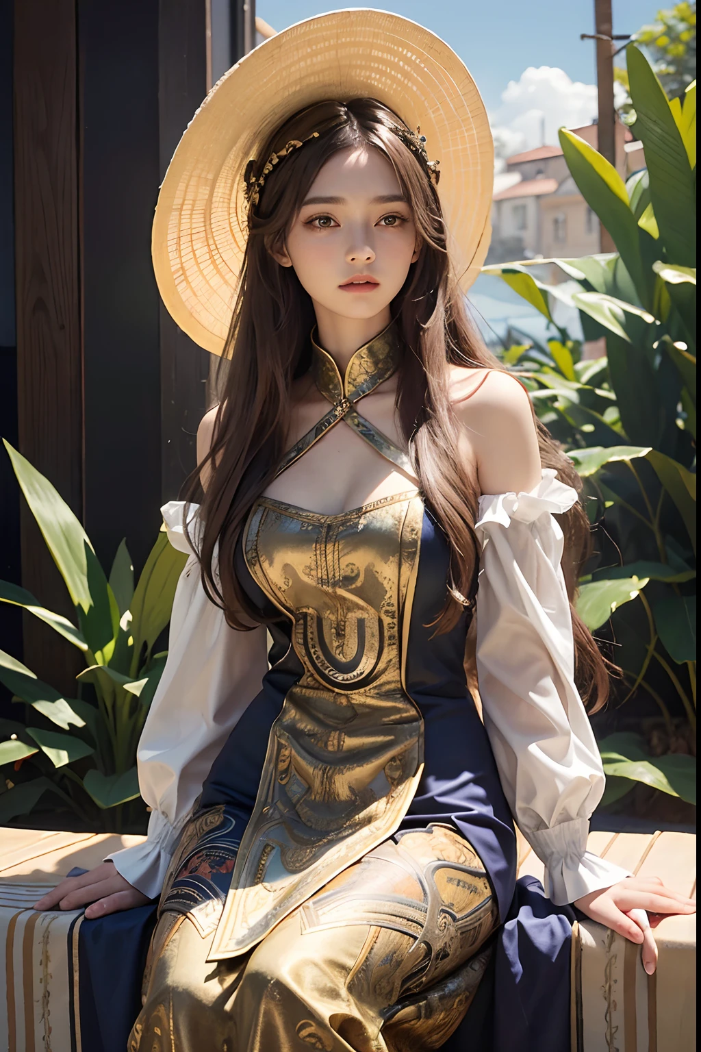 (In the sun:1.6),Surrealist portraits of women by David Hockney and Alphonse Mucha,Fantasyart,photographrealistic,动态照明,artstation,poster for,Volumetriclighting,Very detailed faces,4k,1girl,Inside the dark,Sunlight shines on the face,deepshadow,low tune,cowboy lens,(official outfit:1.5),long whitr hair,Wheat-colored hair,