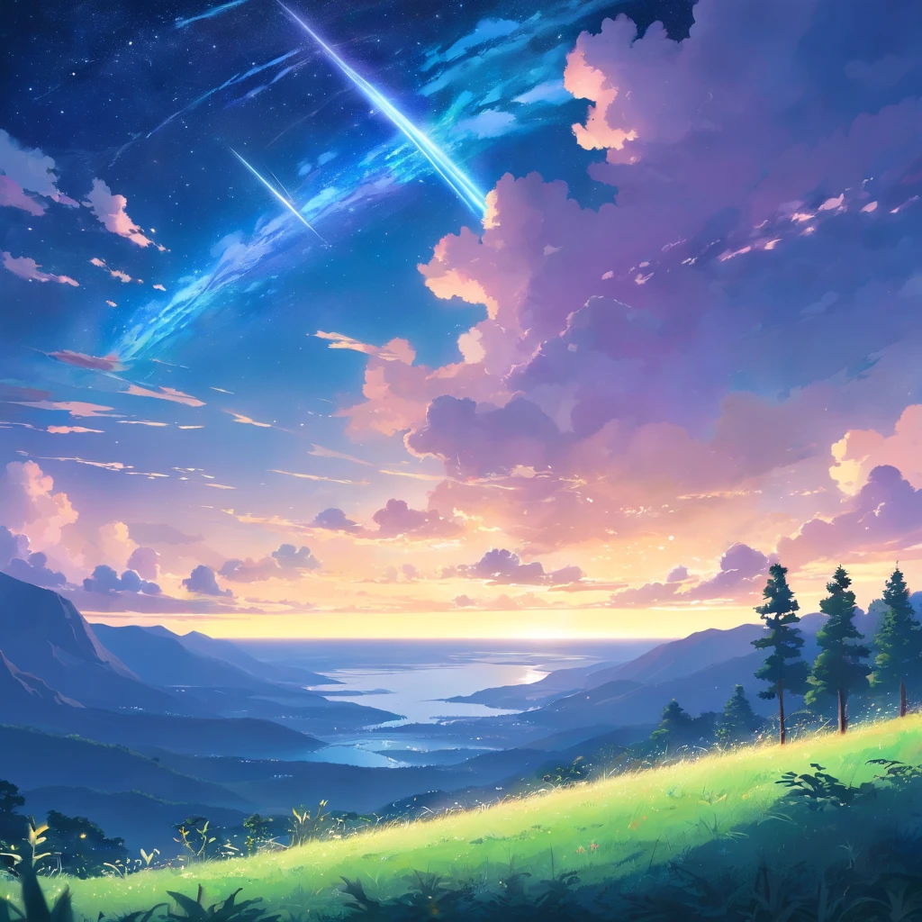 Vast land,Weird literature,Brilliant colors,The starry sky is dotted,Several harmonious clouds,Overlooking,sheer cliffs,Forest grass,exuberant, Website, D&D