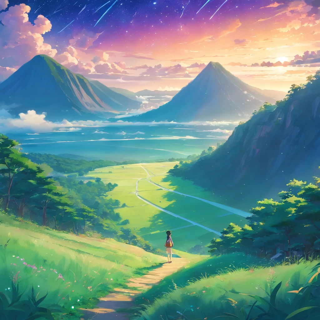 Vast land,Weird literature,Brilliant colors,The starry sky is dotted,Several harmonious clouds,Overlooking,sheer cliffs,Forest grass,exuberant, Website, D&D