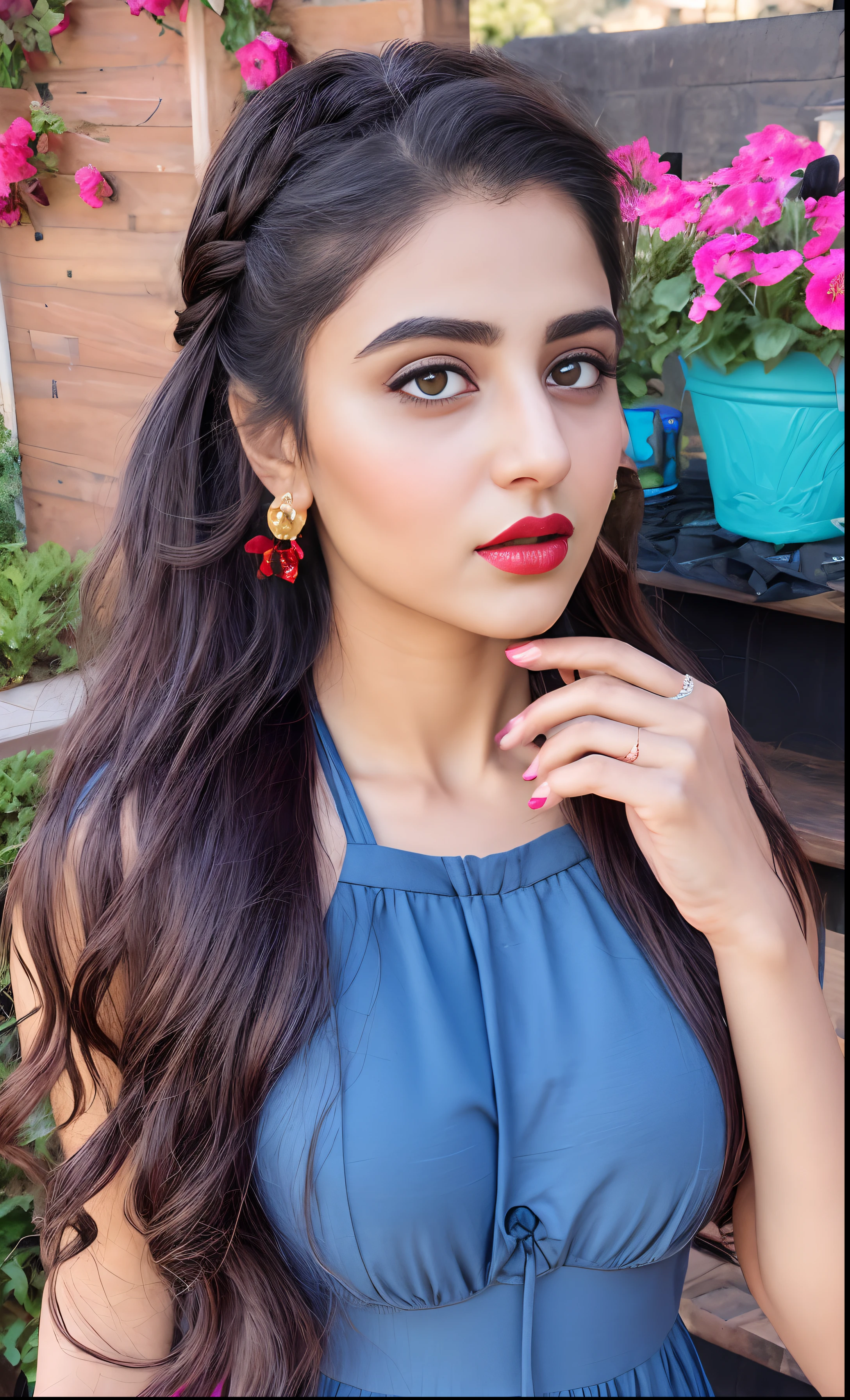 Indian female model rubina tandon, look at viewer, French braid hair , flower Halter Dress, cleavage, garden landscape design, (rim light), dark red lips, big natural lips,