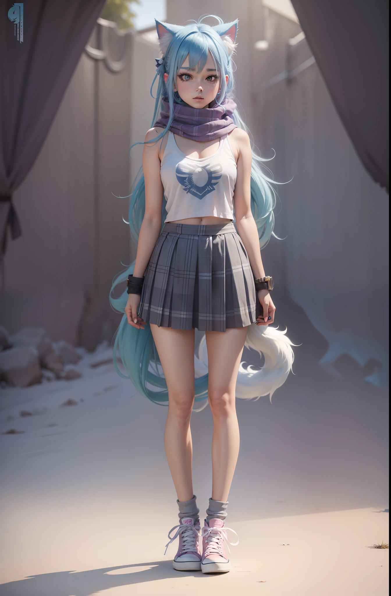 anime girl with blue hair standing, full body adoptable, long haired humanoid fursona, character adoptable, single character full body, full body sprite, semi-realistic style character, with converse, grey tanktop, plaid skirt, pastel pink scarf, fluffy cat tail, cat ears, angel wings