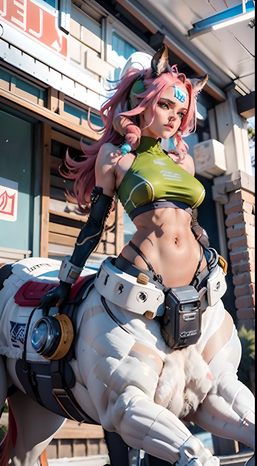 In a very grand scene,The extra-large wide-angle lens captures the appearance of a female centaur。She is tall,It has the ultimate curvy beauty,The muscles are slender and firm,Beautiful lines。Her facial features are tough and coquettish,Always with a sunny smile。She wears special tight-fitting equipment with a strong sense of technology,Step on multifunctional off-road style heels,Delicate and practical protective gear is worn on the hands, feet, wrists, neck and shoulders。The detection equipment around you flashes various cue lights and neon-like information screens,Let her exude a charming brilliance。Use Midjourney's advanced tools,Design special tight-fitting equipment for female centaurs,Highlight her unique physiological characteristics and appearance details,Add realism。And in her adventure scene,Spectacular views of nature,Such as the sky where storms and sunny days alternate、Brilliant rivers of stars and auroras、The snow-capped summit of Mount Everest、Fireworks in the mountain town, etc。ao mesmo tempo,Away from the hustle and bustle of Long Beach Pier is a neon-lit spaceship docked,Create a fantastic scene。Use Midjourney's advanced tools and multiple color palettes、Brush Strokes、Texture tools and model packages,It shows a sense of atmosphere where beauty and charm coexist。The charm of the female centaur is highlighted through color and lines,Enhance realism with detailing,Create a surreal dreamy feeling。Additionally,Use Midjourney's tools to add a variety of extreme sports gear and cultural trinkets to the female centaur,Create intricate hairstyles and outfits,Give her a sense of premium。She never flinches,Regardless of the terrain,can respond quickly,Even the extreme geography and dangerous terrain of aliens cannot stop her。Use Midjourney's powerful tools,You can do it with incredible detail and beauty,Bring this ultra-grand and beautiful scene to life。Ultra-grand scenes,super wide shot, hdr,(真实感,Masterpiece quality,best qualtiy),