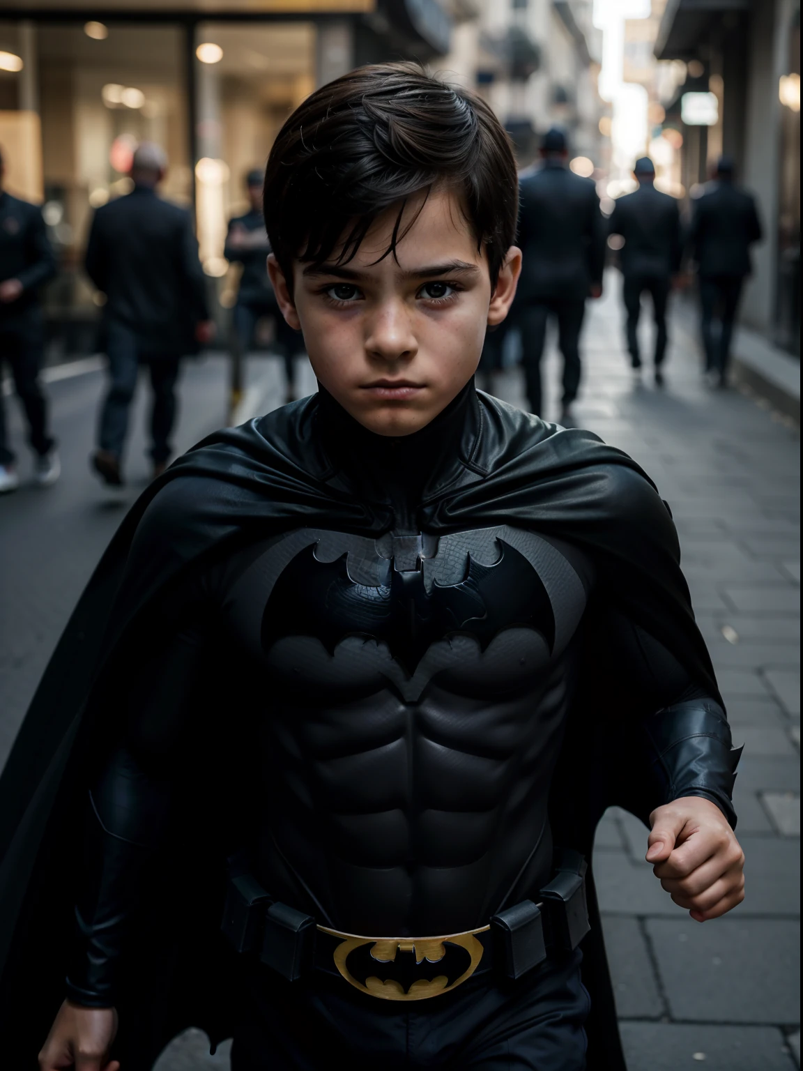 batman kid, no mask, mostrando todo o rosto,  child, cabelos lisos e curtos, rosto fino, corpo magro, esbelto, diurno, andando na rua durante o dia, realista, mostrando o corpo inteiro.