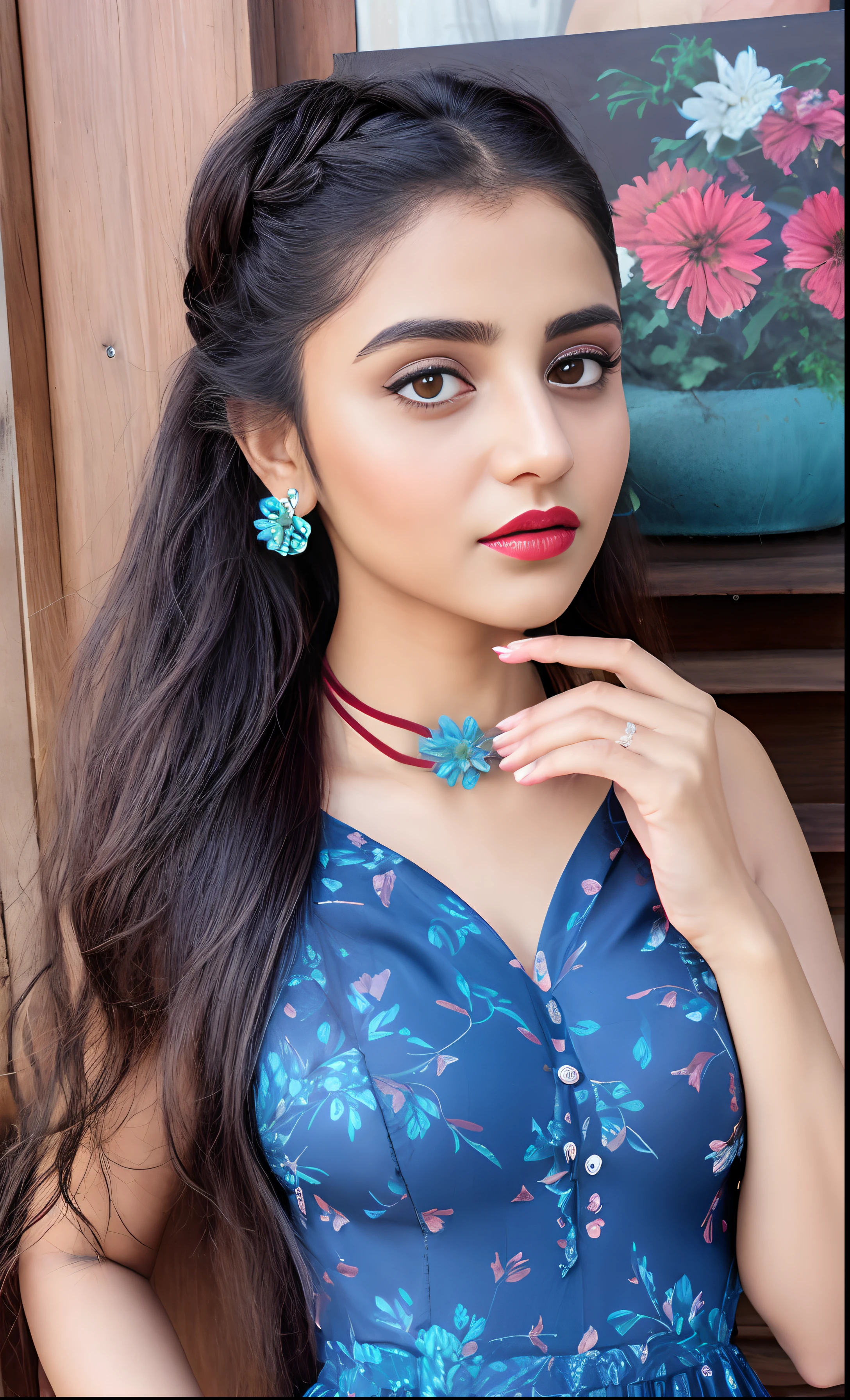 Indian female model rubina tandon, look at viewer, French braid hair , flower Halter Dress, cleavage, garden landscape design, (rim light), dark red lips, big natural lips,