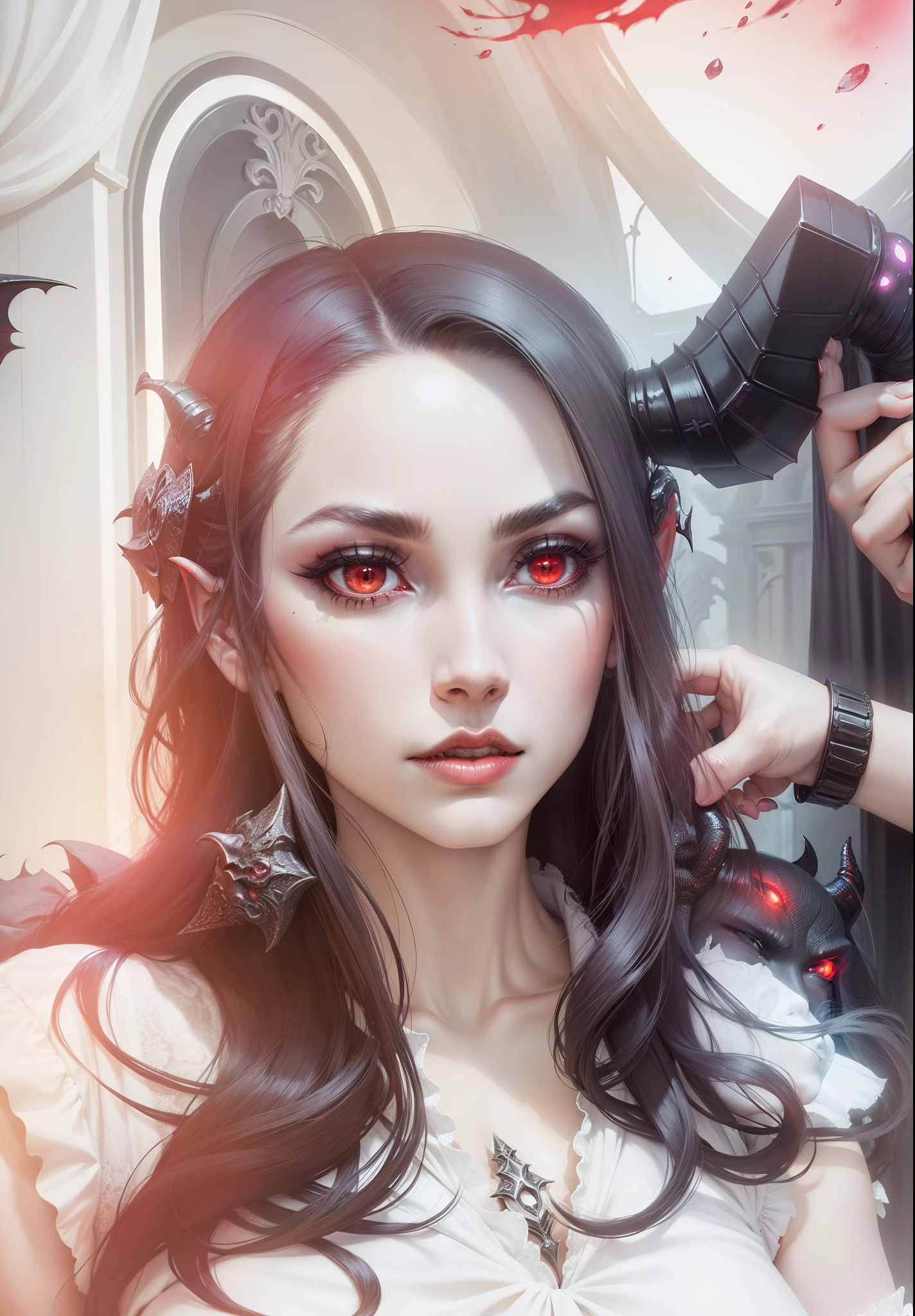 demonic woman with horns and red eyes standing in front of a group of demonic creatures, succubus, beautiful succubus, beautiful elegant demon queen, demoness, succubus | medieval, dark fantasy style art, queen of darkness, queen of hell, dark fantasy art, in style of dark fantasy art, queen of the underworld, diablo 4 lilith, fantasy dark art