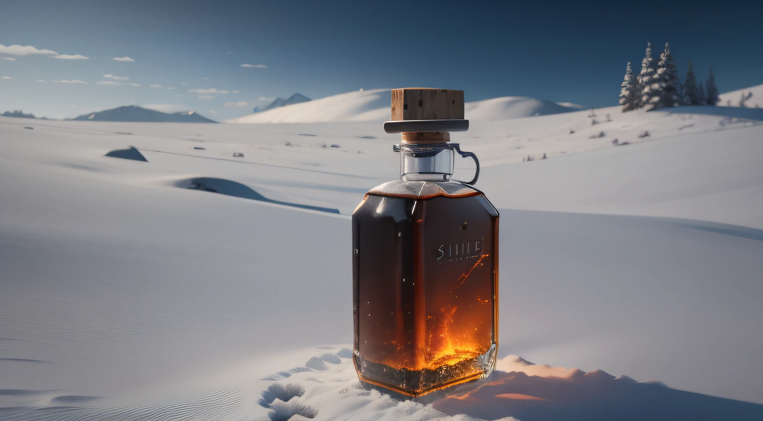 snowfield,moor,A poured empty whiskey bottle,game footage,unreal-engine,over distances,Solitude,chilly