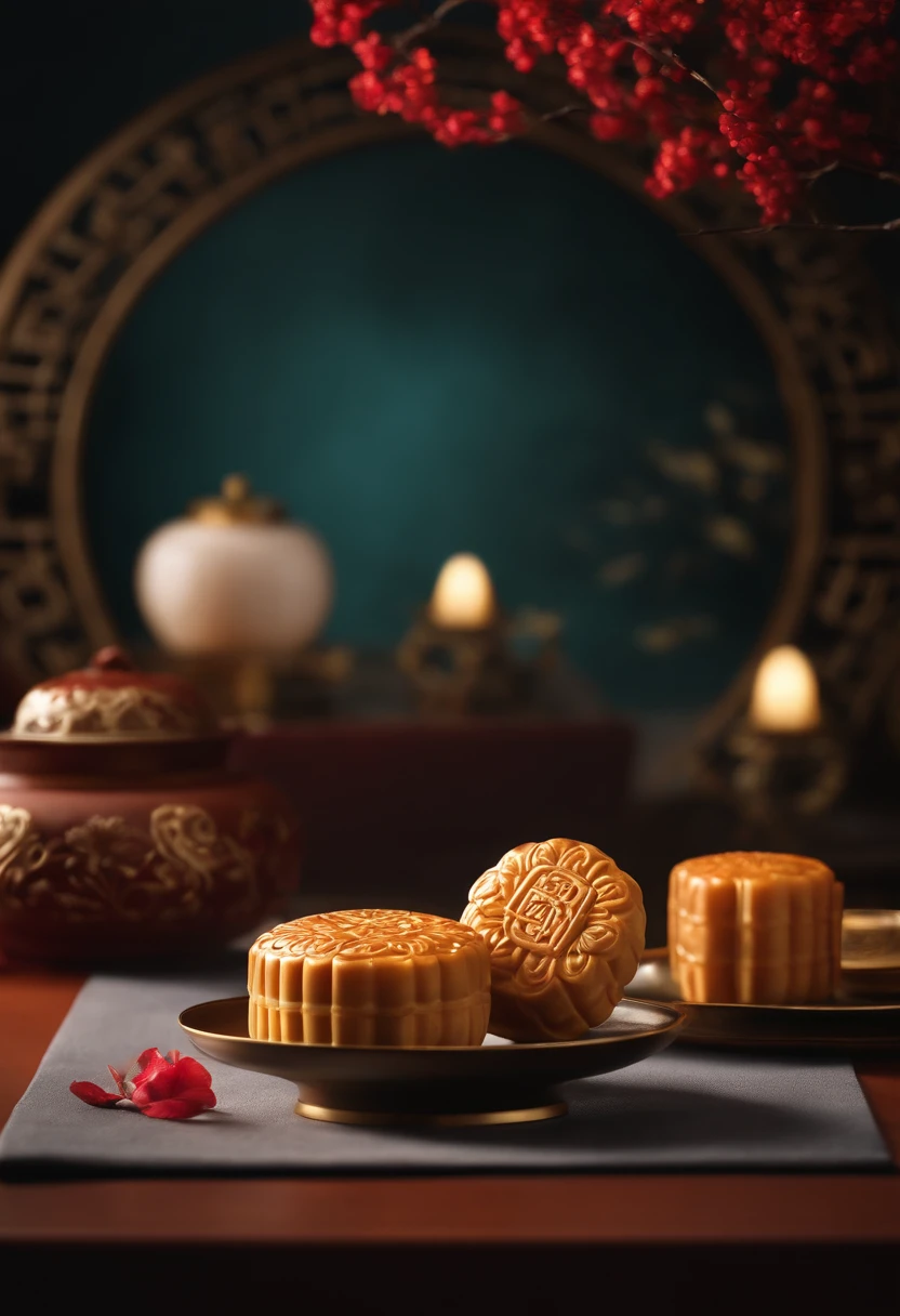 Commercial shooting, High-end Chinese mooncakes, Mooncake size, poster for, Light luxury style background, elegant, Booth lighting, Attractive, photorealistic colors, Ultra HD,Dish with marble texture