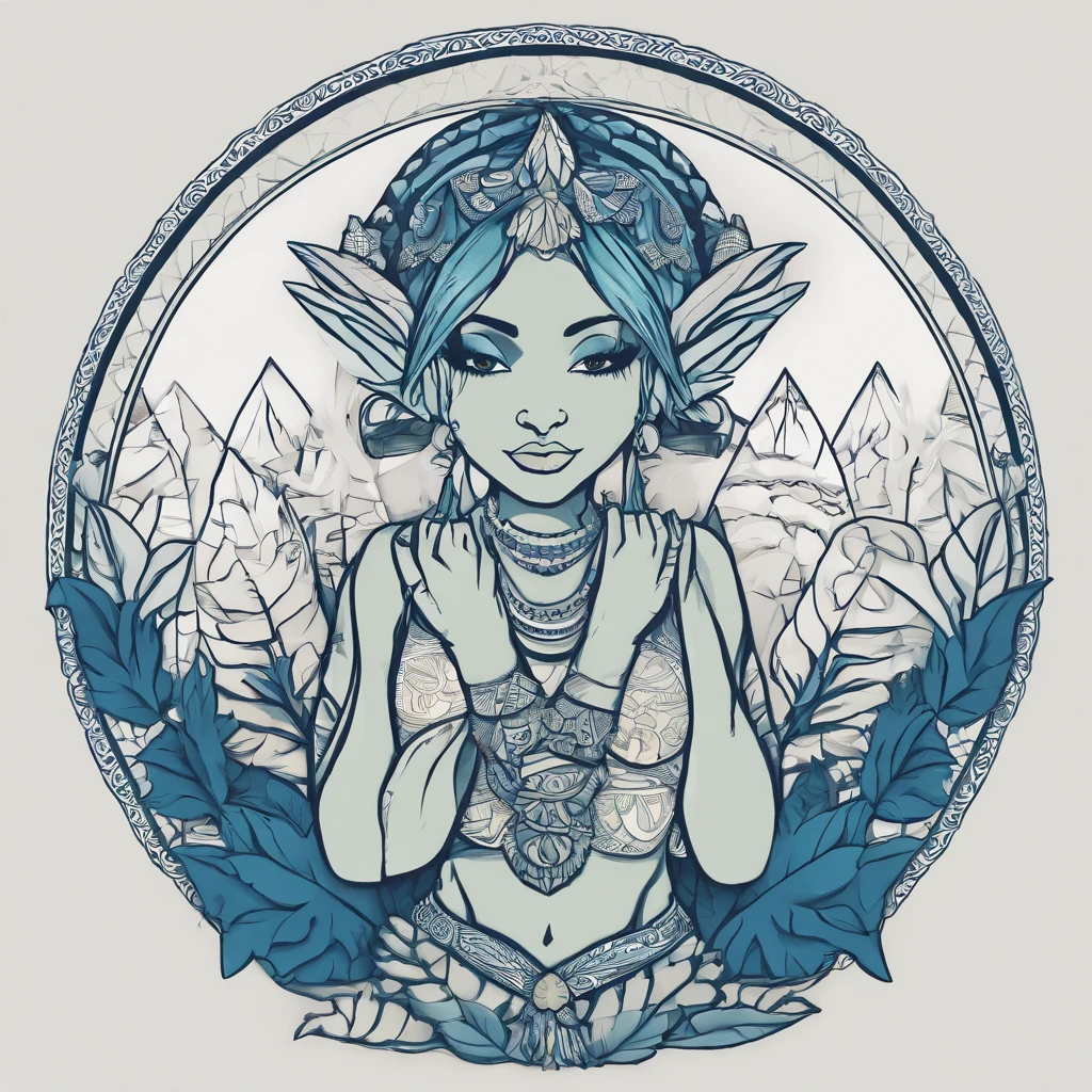 One small, female goblin with greenish yellow skin. Her eyes are gray blue, and she has straight, dark blue hair. She wears a hide style tribal outfit, befitting of a tribal alchemist. It consists of a tribal crop top and a tribal style long skirt with a split in the thigh. The goblin has teal blue tribal paint markings on her arms. She also a tail with dark blue tuff at the end that matches her hair. It has a small pouch attached to it.