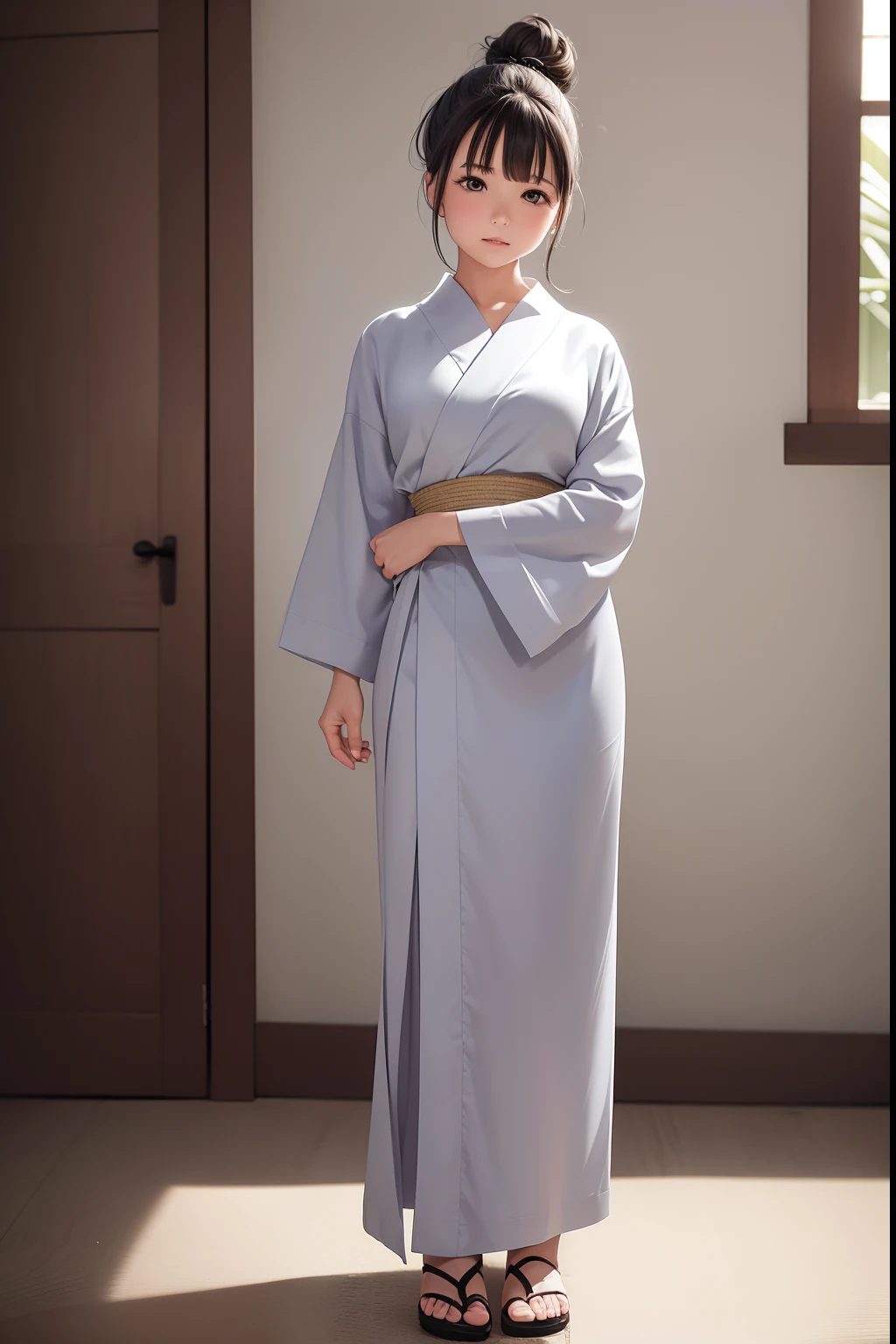 ((Masterpiece,Best quality, high resolution)), 1girll, Solo, The light is gentle，1 girl in a gray yukata，white sash，burlap，Female prisoners，With a petite figure，brunette color hair，hair-bun，Stand in a gloomy prison，stand posture，Full body like，Painful expression，is shy，Clothing covers the whole body，folds，solid color backdrop，