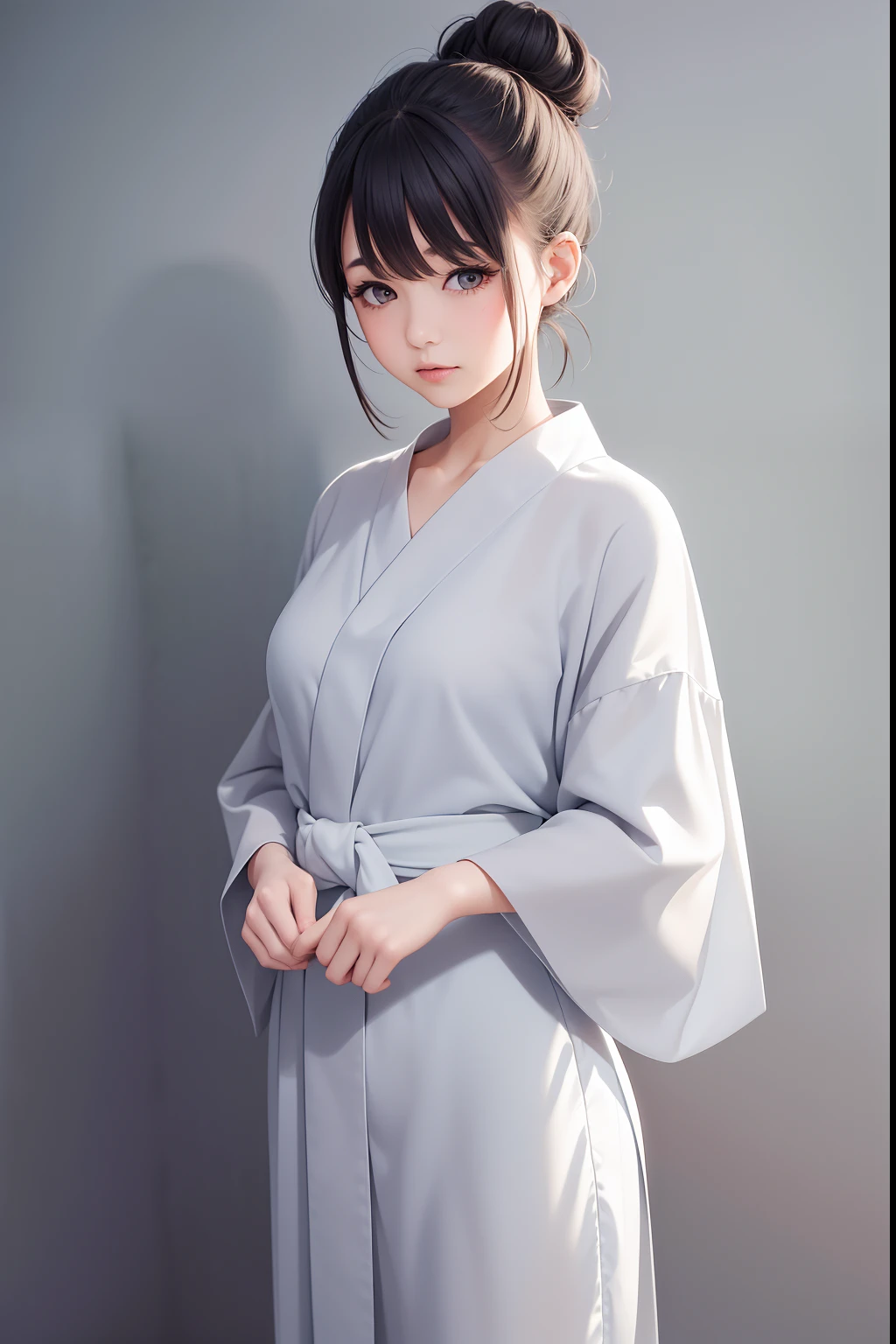 ((Masterpiece,Best quality, high resolution)), 1girll, Solo, The light is gentle,1 girl in a gray yukata,white sash,burlap,Female prisoners,With a petite figure,brunette color hair,hair-bun,Stand in a gloomy prison,stand posture,Full body like,Painful expression,is shy,Clothing covers the whole body,folds,solid color backdrop,