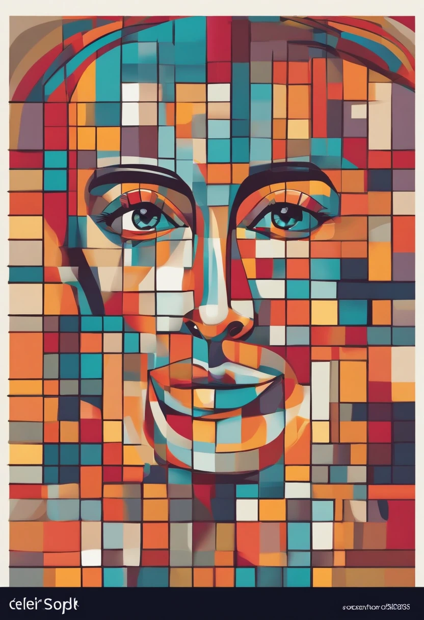A colorful illustration of a cubist face with a grid of squares in David Oku style, Cara abstracta, Colorful illustration, psychedelic illustration, Colorful illustration, surreal psychedelic design, Arte vectorial multicolor, Intricate pop art design, arte, Ilustraciones oficiales, psychedelic art style, Arte de dibujos animados vibrante, Colorido plano surrealista, Cara finamente ilustrada, Colorful surreal flat design, Arte de Adobe Illustrator, line art illustration