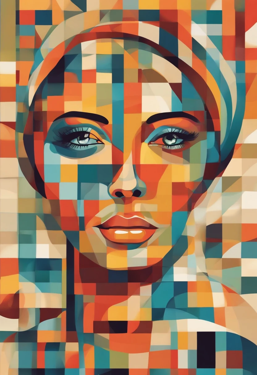 A colorful illustration of a cubist face with a grid of squares in David Oku style, Cara abstracta, Colorful illustration, psychedelic illustration, Colorful illustration, surreal psychedelic design, Arte vectorial multicolor, Intricate pop art design, arte, Ilustraciones oficiales, psychedelic art style, Arte de dibujos animados vibrante, Colorido plano surrealista, Cara finamente ilustrada, Colorful surreal flat design, Arte de Adobe Illustrator, line art illustration