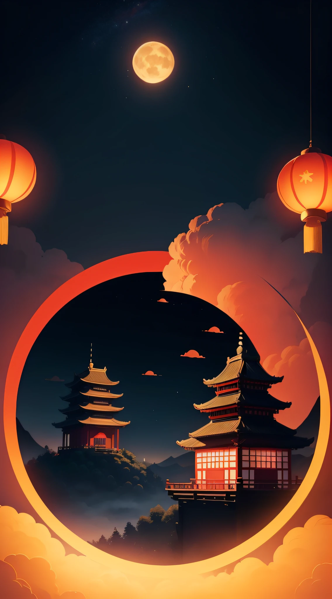 Mid-Autumn Festival，Moon cake， Auspicious clouds, Red lanterns, Exquisite ancient Chinese architecture, In the background is a huge moon, With vector line illustration, amarelo、Red and dark blue tones, Abstract picture, No Man，No Man，No Man，surrealism, Clear background trends, clear contour light, Edge light, fantasy, Dappled light, Flat illustration,Disney style, 8K, --AR 9:16 --q 2 --niji 5
