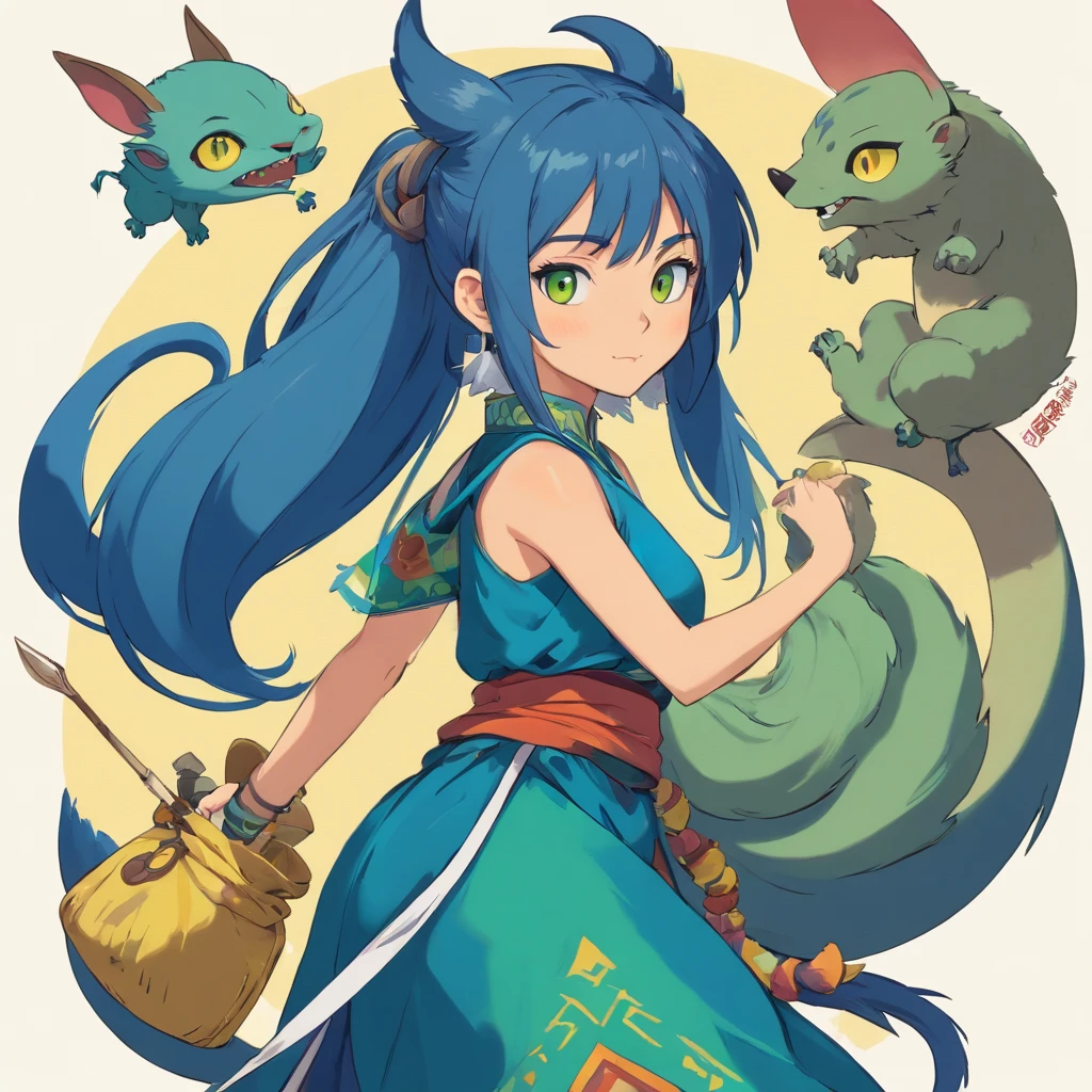 One small, female goblin with greenish yellow skin. Her eyes are gray blue, and she has straight, dark blue hair. She wears a hide style tribal outfit, befitting of a tribal alchemist. It consists of a tribal crop top and a tribal style long skirt with a split in the thigh. The goblin has teal blue tribal paint markings on her arms. She also a tail with dark blue tuff at the end that matches her hair. It has a small pouch attached to it.