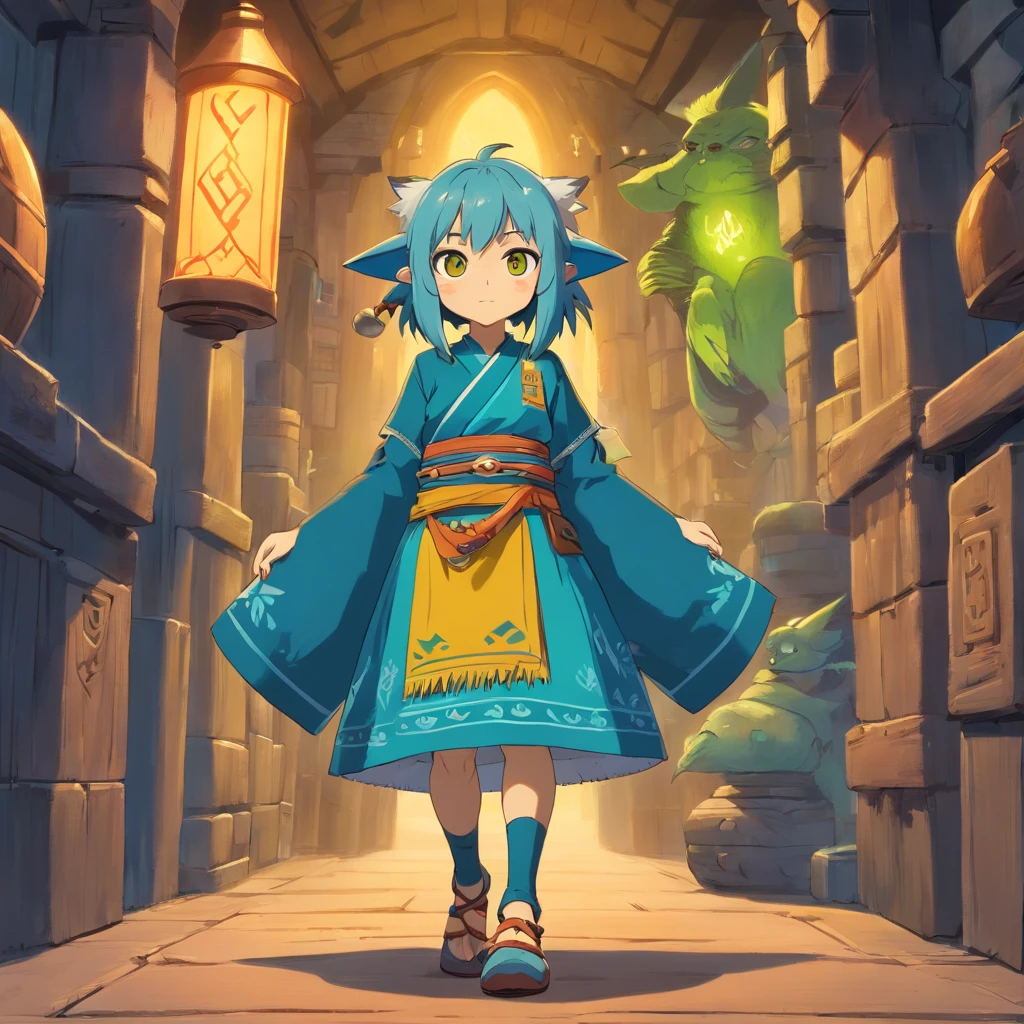 One small, female goblin with greenish yellow skin. Her eyes are gray blue, and she has straight, dark blue hair. She wears a hide style tribal outfit, befitting of a tribal alchemist. It consists of a tribal crop top and a tribal style long skirt with a split in the thigh. The goblin has teal blue tribal paint markings on her arms. She also a tail with dark blue tuff at the end that matches her hair. It has a small pouch attached to it.
