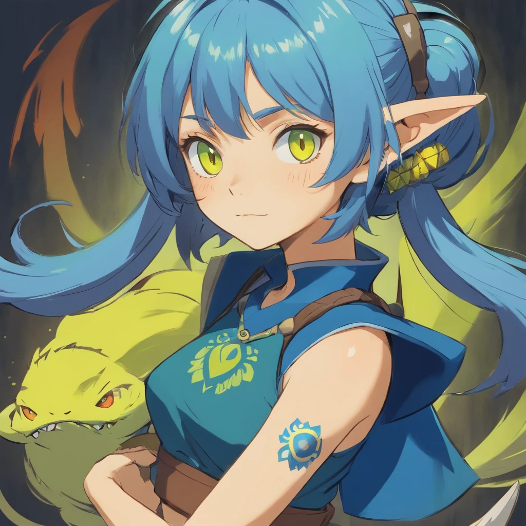 One small, female goblin with greenish yellow skin. Her eyes are gray blue, and she has straight, dark blue hair. She wears a hide style tribal outfit, befitting of a tribal alchemist. It consists of a tribal crop top and a tribal style long skirt with a split in the thigh. The goblin has teal blue tribal paint markings on her arms. She also a tail with dark blue tuff at the end that matches her hair. It has a small pouch attached to it.