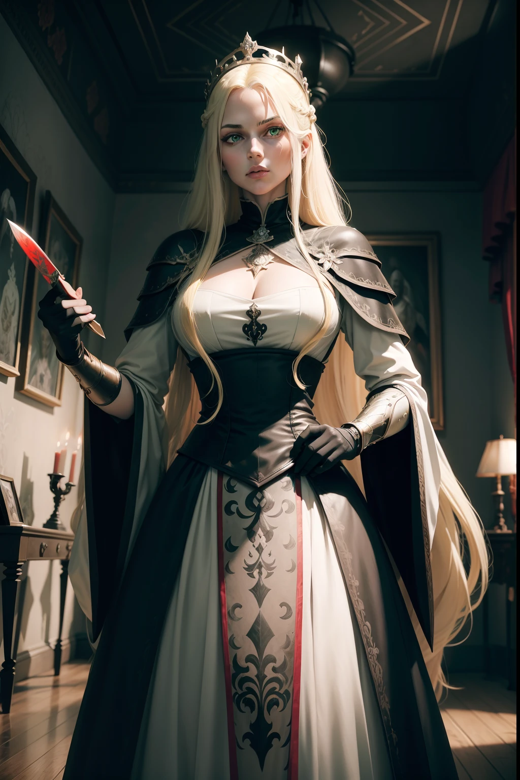 A killer queen, light green eyes, blonde long hair, bloode in the face, a black and white medieval queen outfit, holding a knife with blode, in red royal room with paintings in the room, masterpiece, realistic style, 4k