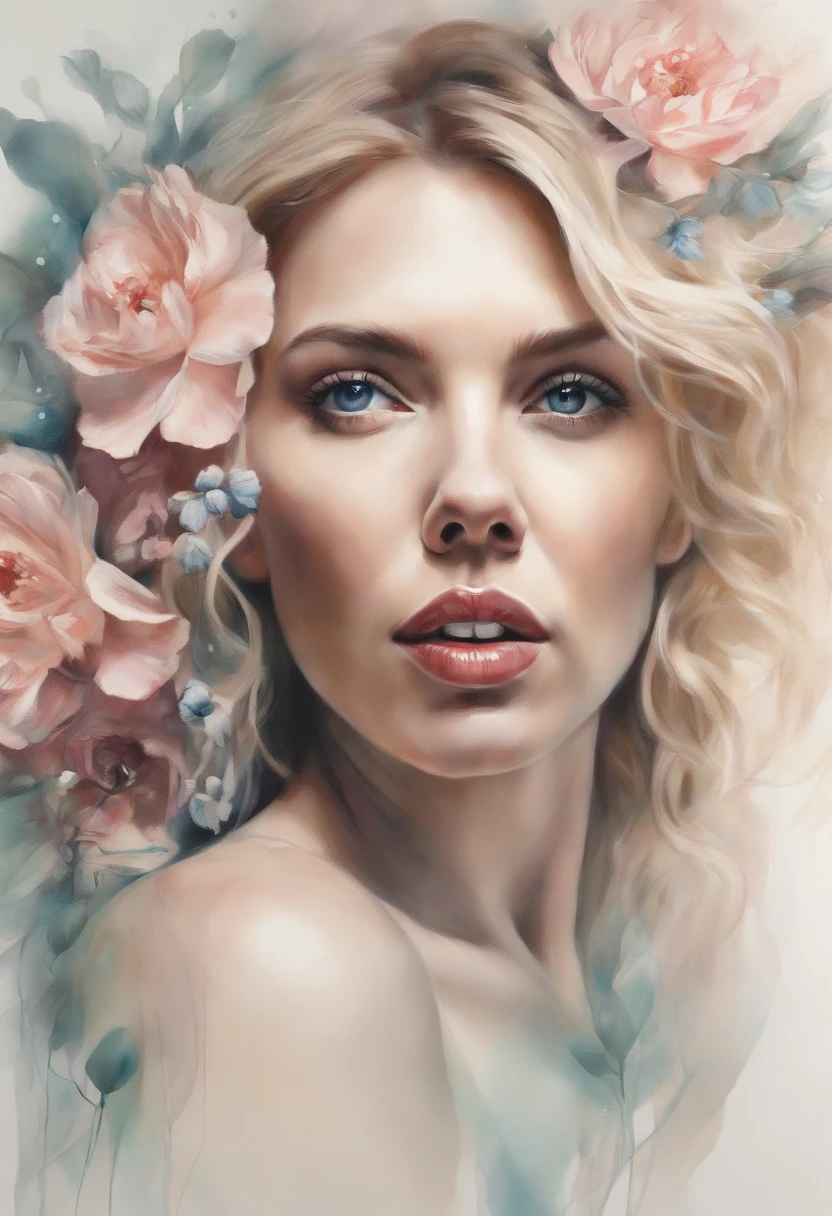 Scarlett Johansson in A botanical masterpiece in the style of Marco Mazzoni, detailed, hyper-realistic, front view, elemets of symbolism and surrealism, a painting by mse a attractive seductive Scarlett Johansson by agnes cecile, luminous design, pastel colours, ink drips, spring lights, intricate design, looking to the viewer intertwined, beautiful attractive seductive Scarlett Johansson, flowers, pastel, looking to the viewer, front view