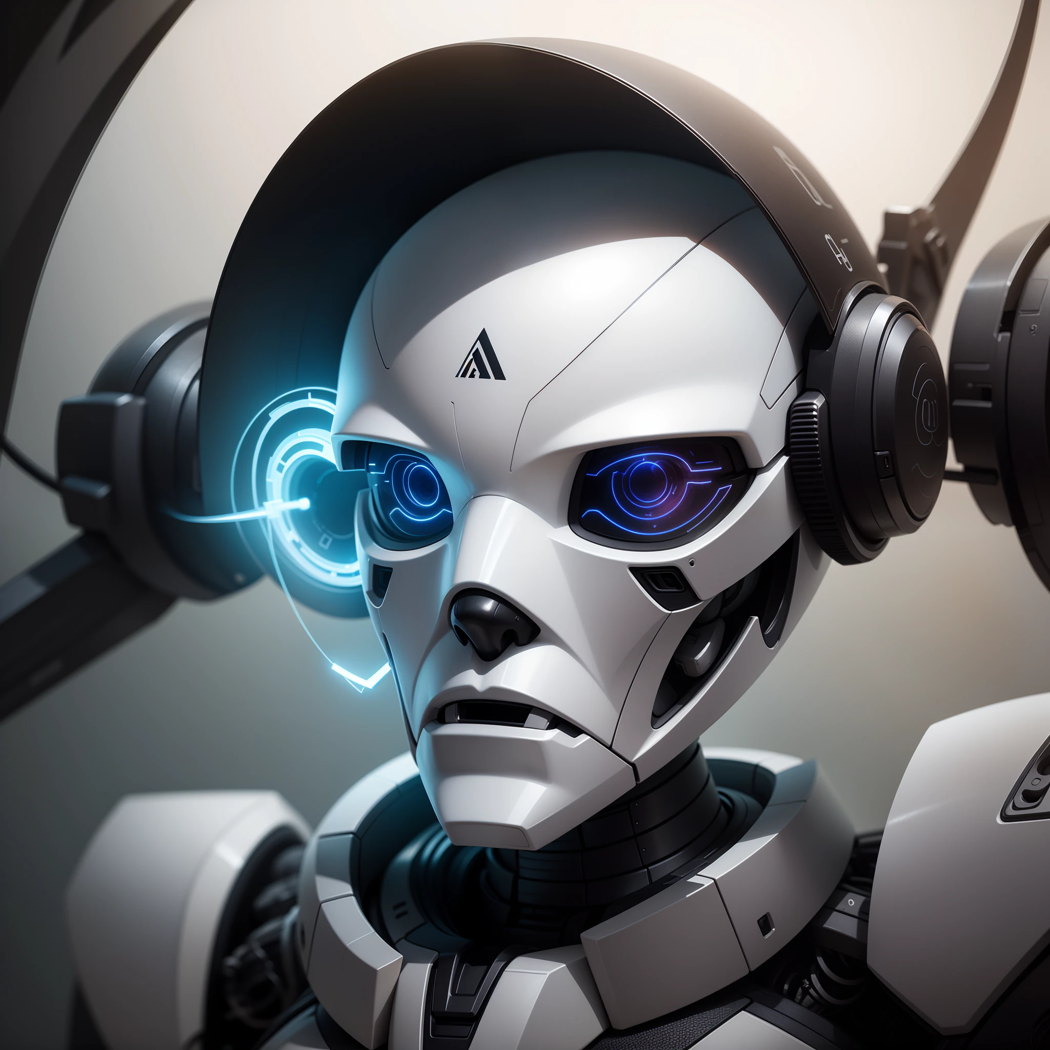 The central element of the logo is a stylized robotic head with a sleek and modern design. This represents the AI technology aspect.