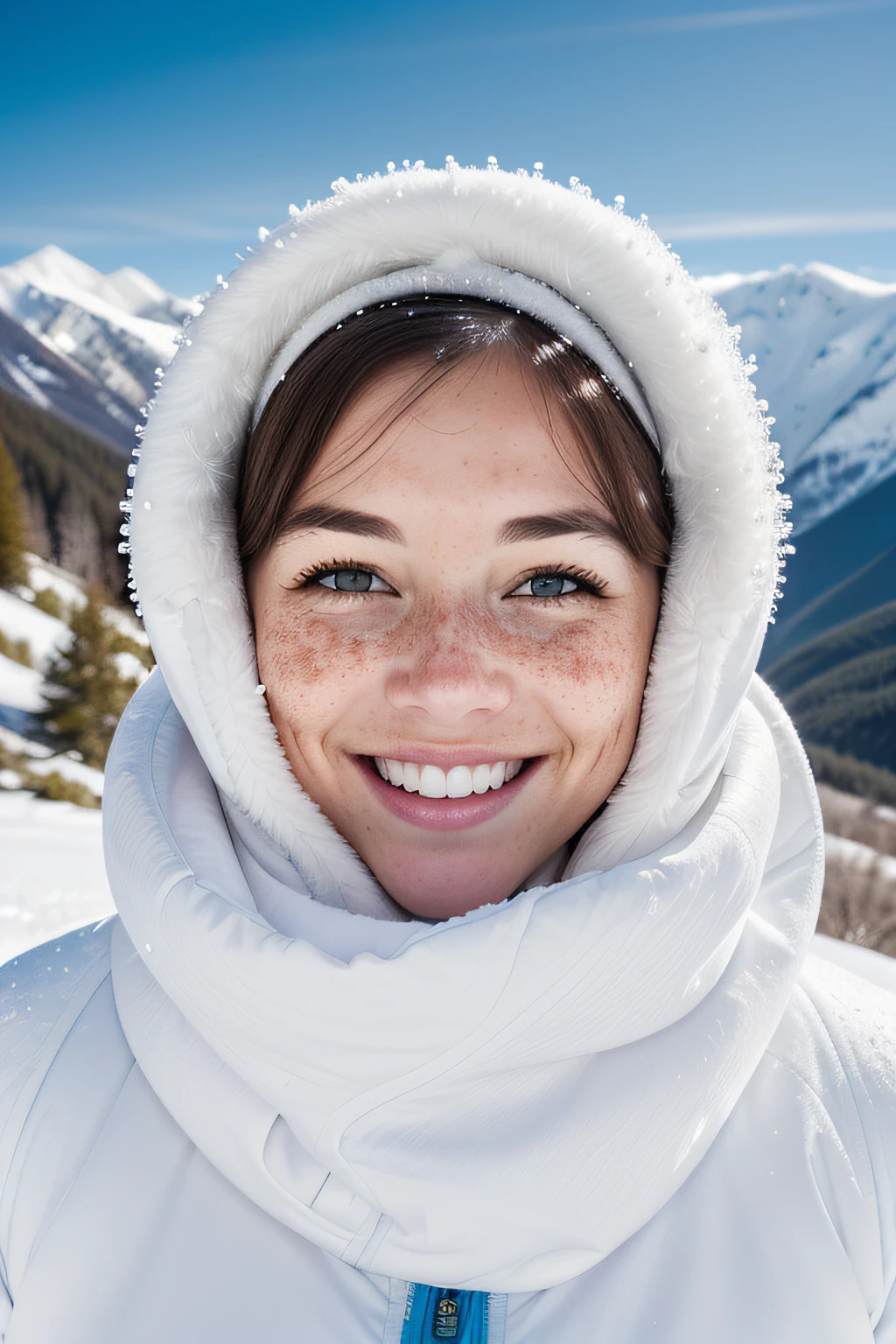 close up, portrait of beautiful smiling woman with freckles, snow-covered mountain, full body, 16mm, 35mm, vivid colors, high quality, white balance, kodak film, high detail, high contrast, ultra sharp, detailed face, perfecteyes eyes, centralized