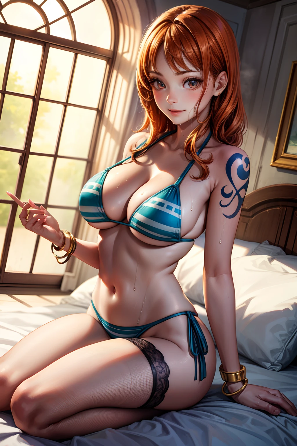 ((Masterpiece)) ((best quality)) ((Ultra detailed))  ((1woman)) ((bikini)) ((bikini top only)) ((orange long hair)) ((silky long hair)) ((right shoulder tattoo))  ((long nose)) ((one piece nami)) ((NAMI)) ((wet body)) ((BIG tits))  ((attractive eyes)) ((sharp eyes)) ((slim body)) ((high resolution shadows)) ((attractive colours)) ((blue sky)) ((log pose on her hand)) ((golden bracelets)) , tight , light shadows film movie still、1girl in、on knees、years、pale-skinned、innocent smiles、white fishnet stockings、((A detailed face))、(Detailed skin)、Moist with intricate details、Shallow depth of field、[volume fog]、电影灯光、Reflectors、a Canon EOS R5、50mm lens、f / 2.8、NffSW、shot at 8k resolution, on bedroom floor, sexy,short detailed hair,cleavage，Close-up
