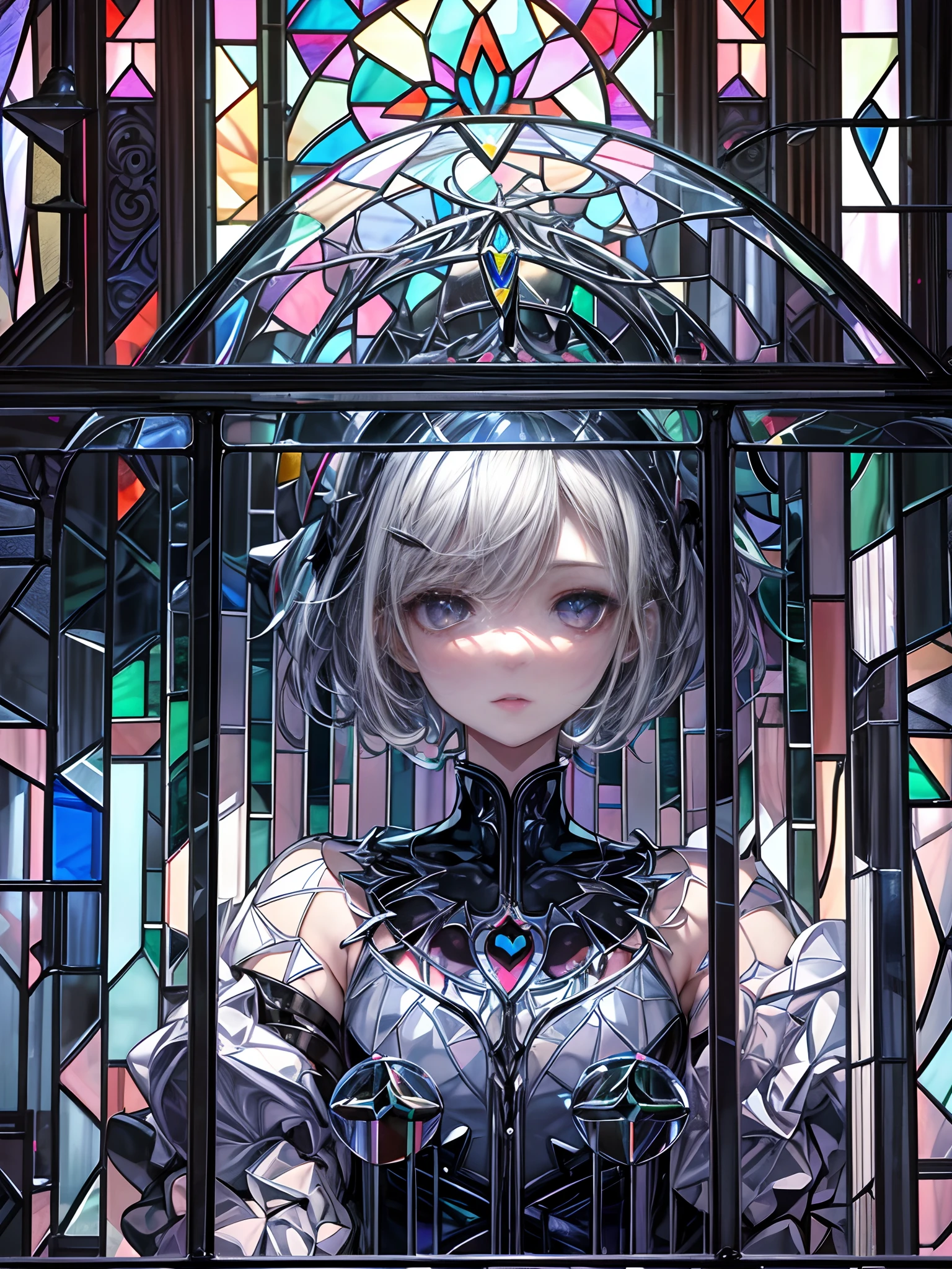 Mash Kyrielight,White hair,Short hair,Red Eyes,girl,Woman,Female, ,10 years oldr, Curly hair, Bangs, eyes visible through hair, Side braid, White hair, multicolored hair, Red inner color, portfolio, beautiful detailed Glass hair, Delicate beautiful face, Red pupils, tusk, Small_breasts, pale blue eyes, White skin, Choker, gloves, nice hand, Perfect hands, Naked Hoodie, Parted lips, blush, Skirt, Earring, Bang, Standing, (Stained glass floor:1.5), (Heart-shaped stained glass:1.5), masutepiece, Best Quality, Capture super cute moments, depth of fields, ultra-detailliert, Ultra High Resolution, C4D, Octadale, 3D Modeling, 8K, 16 K,