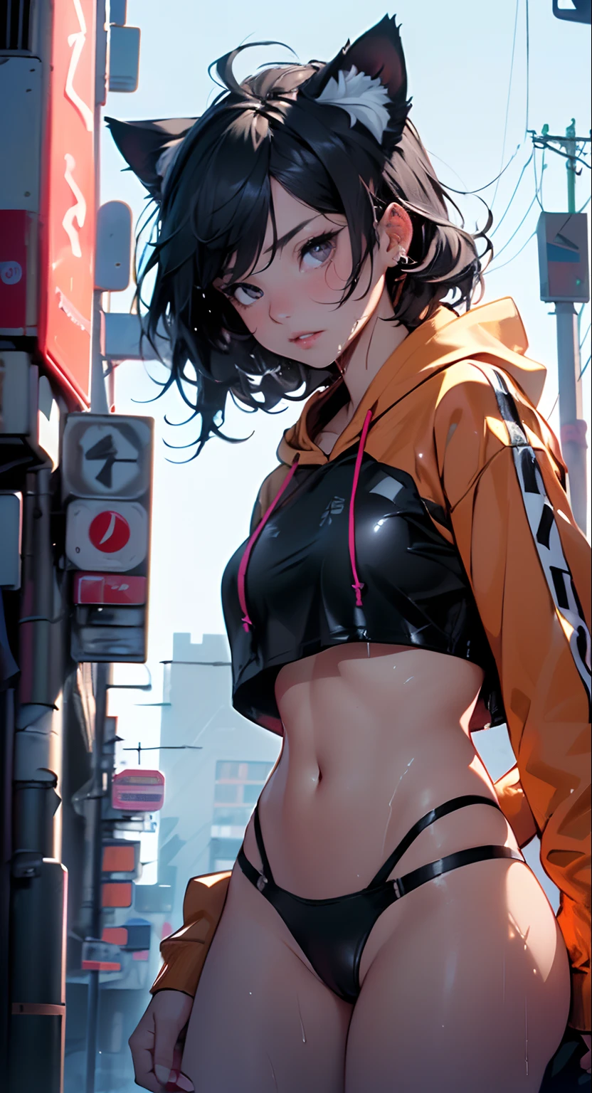 girl spacepunk,(((1girl))),((beautiful girl with bright and luminous cat ears)),
(large breasts:1.4),saggy breasts,((black hair,black messy hair,colored inner hair,large hair,absurdly long unkempt hair:1.35,long black hair,ear breathing)),((((cat ears,cat ears on head,big cat ears)))),(((pink eyes:1.3,upturned eyes:1.3,perfect eyes,beautiful detailed eyes,finely detailed beautiful eyes:1,symmetrical eyes:1))),((fat)),(((lustrous skin:1.5,bright skin: 1.5,skin tanned,shiny skin,very shiny skin,shiny body,plastic glitter skin,exaggerated shiny skin,illuminated skin,wet legs))),(spider lower abdomen,narrow waist,wide hip,athletic body,inflated legs,delicate detailed fingers,detailed body,human hands,(detailed face)),
cute,slutty,seductive,erotic,(((nsfw))),
(graffiti art in clothes),zettai ryouiki,revealing clothing,show skin,(((underboob))),(cleavage),(semi-naked,with little clothing,((tiny thong)),bare legs,visible thong straps),((((crop top hoodie,cropped hoodie,hoodie,hoodie intricate)))),((wet clothes,detailed outfit,detailed clothes)),
(dynamic pose:1.0),solo focus,embarrassed,(centered,scale to fit dimensions,Rule of thirds),
cyberpunk city by the ocean at night, with bright neon signs and dark stormy clouds and puddles,
High resolution, sharp focus, (ultra detailed, extremely detailed), (photorealistic artwork:1.37), 8k wallpaper,((synthwave background theme)),(((vibrant colors,))),(intricate),masterpiece,(best quality),synthwave neon colors,