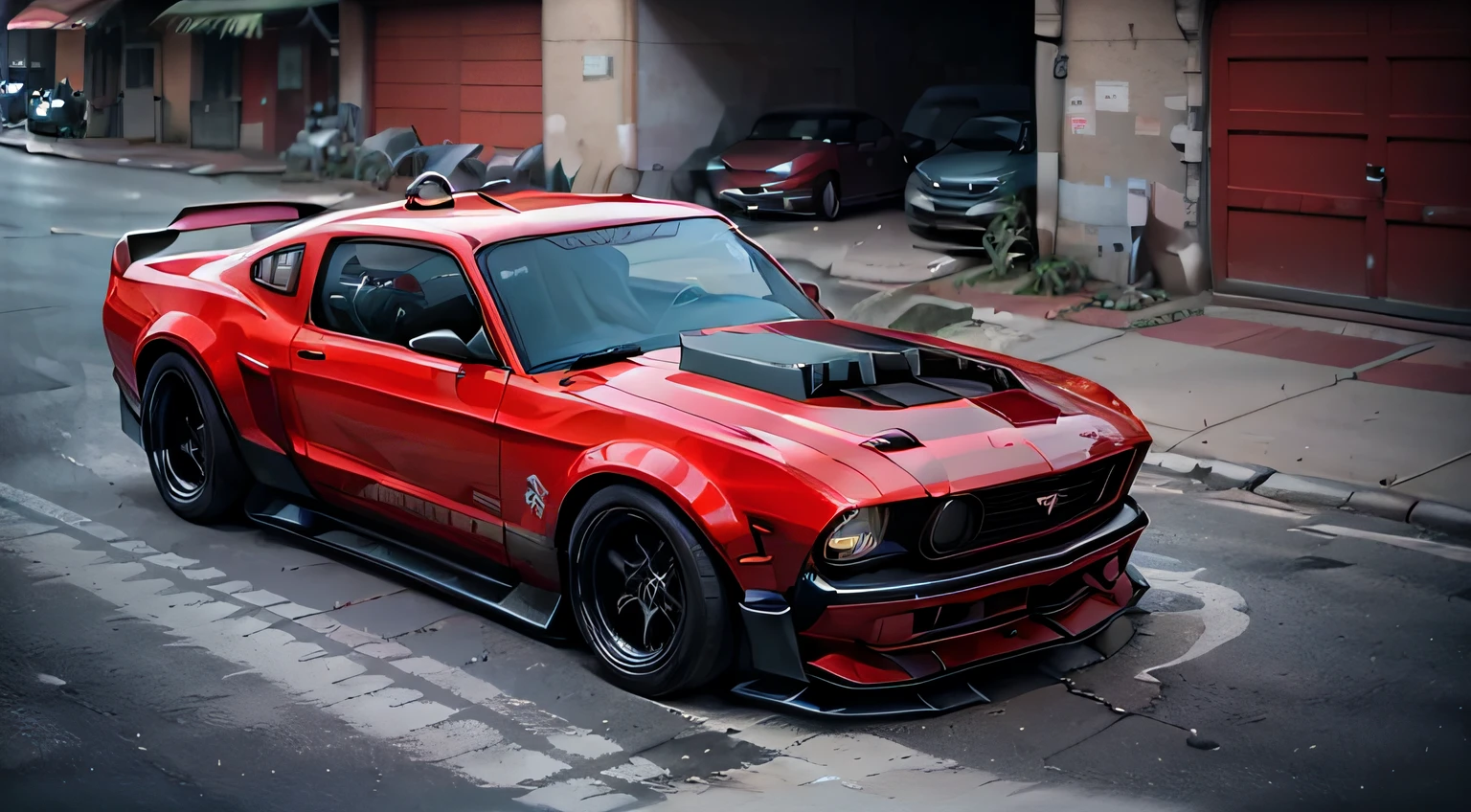 a close up shot of a red mustang parked on a city street in the style of fast and furious, cinematic, sharp focus, high detailed, high quality