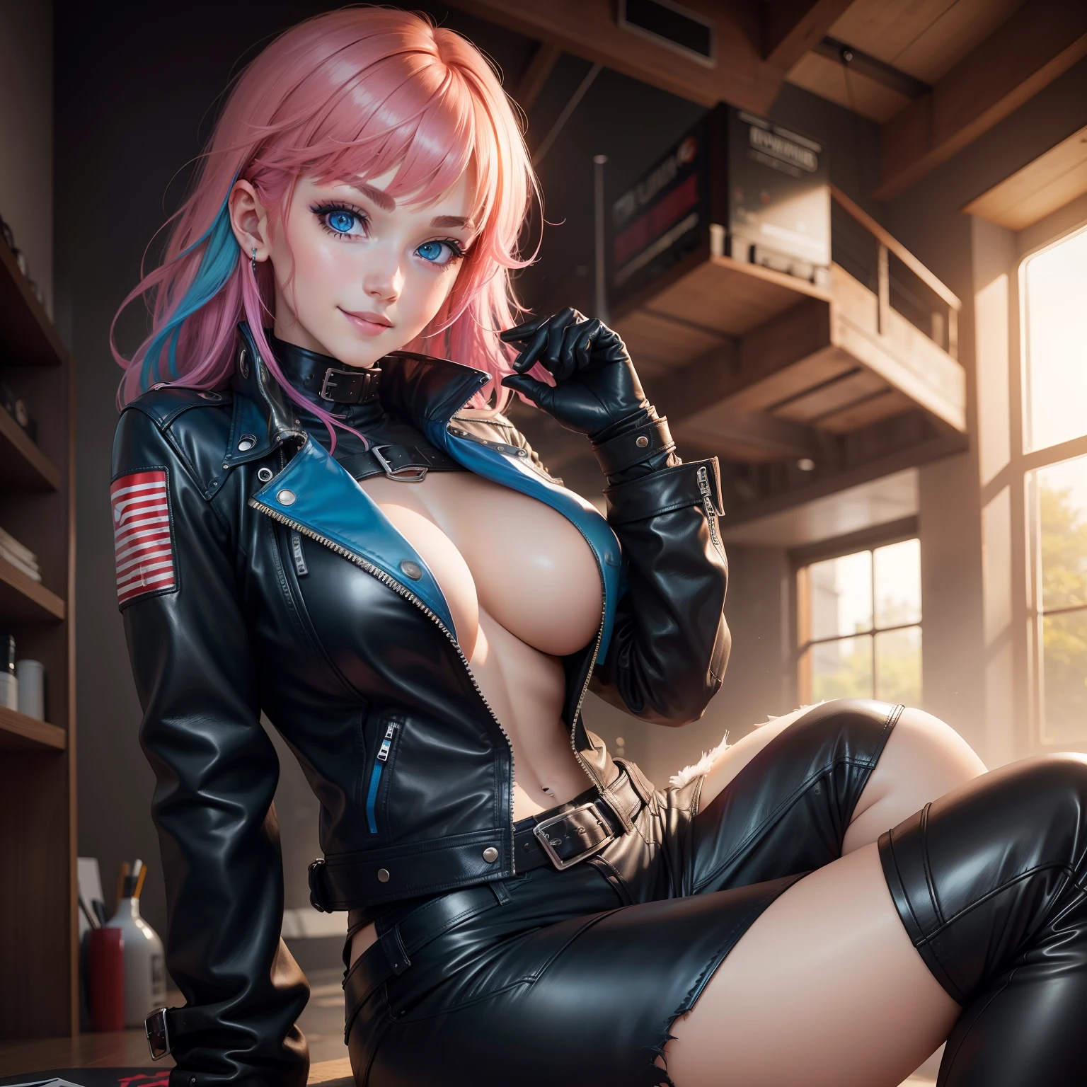 Girl with multicolored hair, leather jackets、A smile、top-quality、beautiful a girl、blue eyess、Colossal tits、hyperdetailed face、super-detaild skin、leather pant masterpiece Beautie