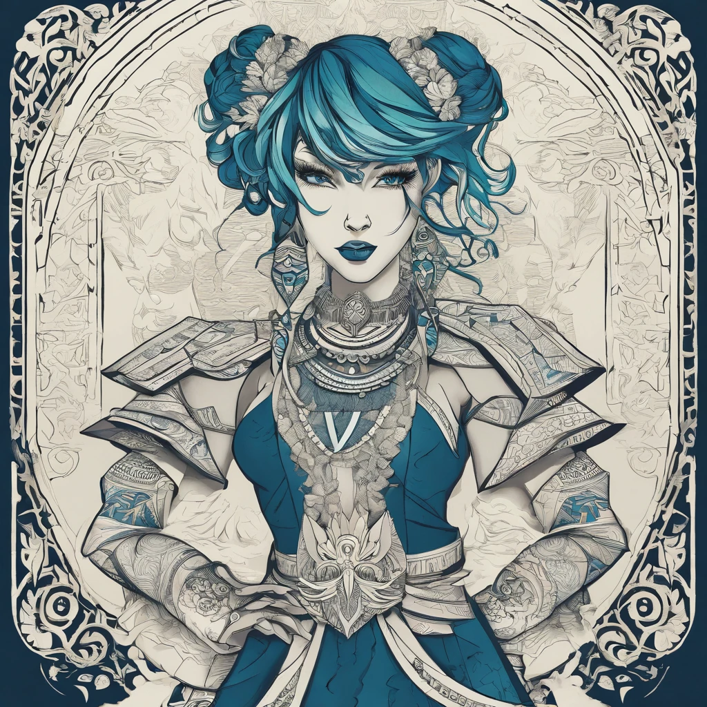 One small, female goblin with greenish yellow skin. Her eyes are gray blue, and she has straight, dark blue hair. She wears a hide style tribal outfit, befitting of a tribal alchemist. It consists of a tribal crop top and a tribal style long skirt with a split in the thigh. The goblin has teal blue tribal paint markings on her arms. She also a tail with dark blue tuff at the end that matches her hair. It has a small pouch attached to it.