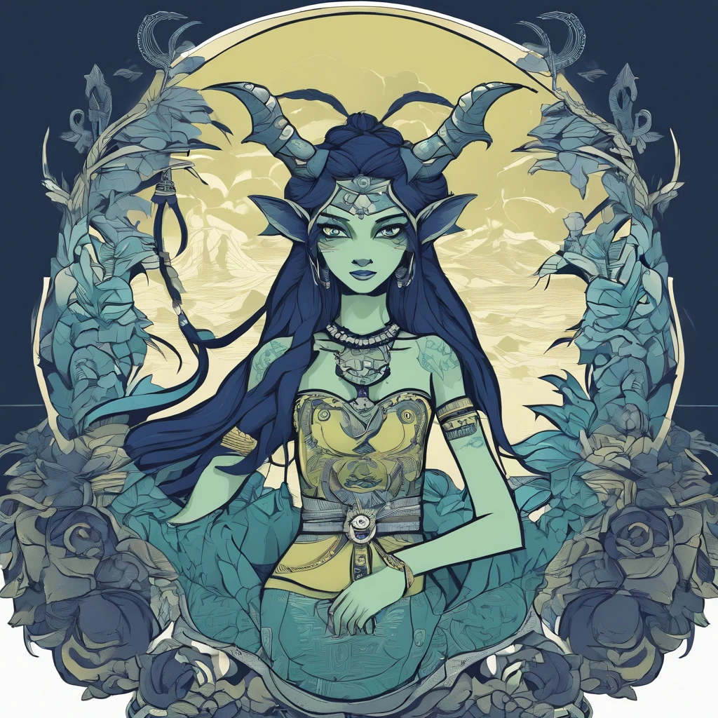 One small, female goblin with greenish yellow skin. Her eyes are gray blue, and she has straight, dark blue hair. She wears a hide style tribal outfit, befitting of a tribal alchemist. It consists of a tribal crop top and a tribal style long skirt with a split in the thigh. The goblin has teal blue tribal paint markings on her arms. She also a tail with dark blue tuff at the end that matches her hair. It has a small pouch attached to it.