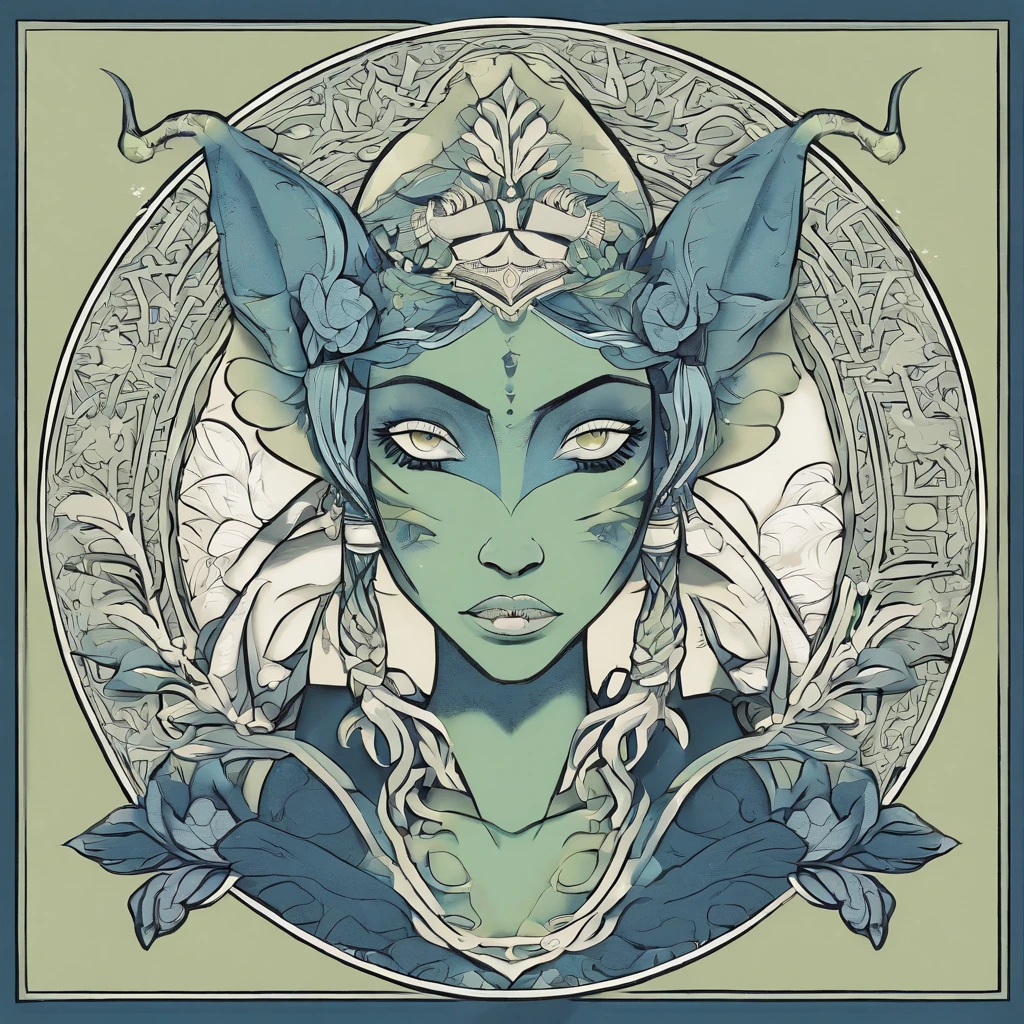 One small, female goblin with greenish yellow skin. Her eyes are gray blue, and she has straight, dark blue hair. She wears a hide style tribal outfit, befitting of a tribal alchemist. It consists of a tribal crop top and a tribal style long skirt with a split in the thigh. The goblin has teal blue tribal paint markings on her arms. She also a tail with dark blue tuff at the end that matches her hair. It has a small pouch attached to it.