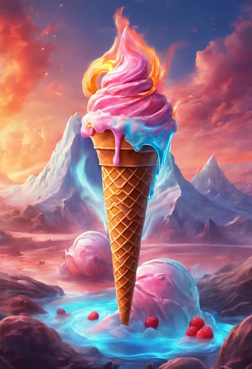 ((ice cream made with lava)), fancy volcano ice cream, luminism, Maya render, fire colors, (melting lava), fancy volcano background, (8k, best quality, masterpiece:1.2), (realistic, photo-realistic:1.5),((ultra-detailed))