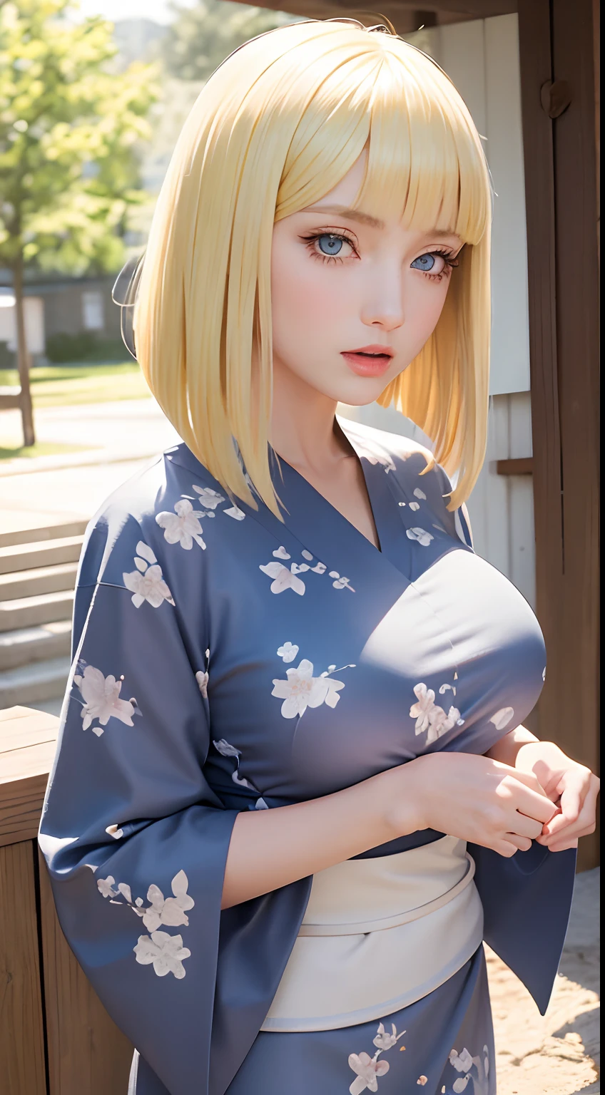 (very detailed background:1.0), (highly detailed background:1.0), (Masterpiece), High Quality, (1girl)
blonde hair,  blue eyes, bangs, blunt bangs, bob cut,
mature woman, blush, looking at viewer, open mouth smile, seductive pose,
round breasts, large breasts,
night, festival, fireworks, outdoors,  yukata, ribbon around waist, floral pattern yukata, (full body:1), cowboy shot, holding sparkler,