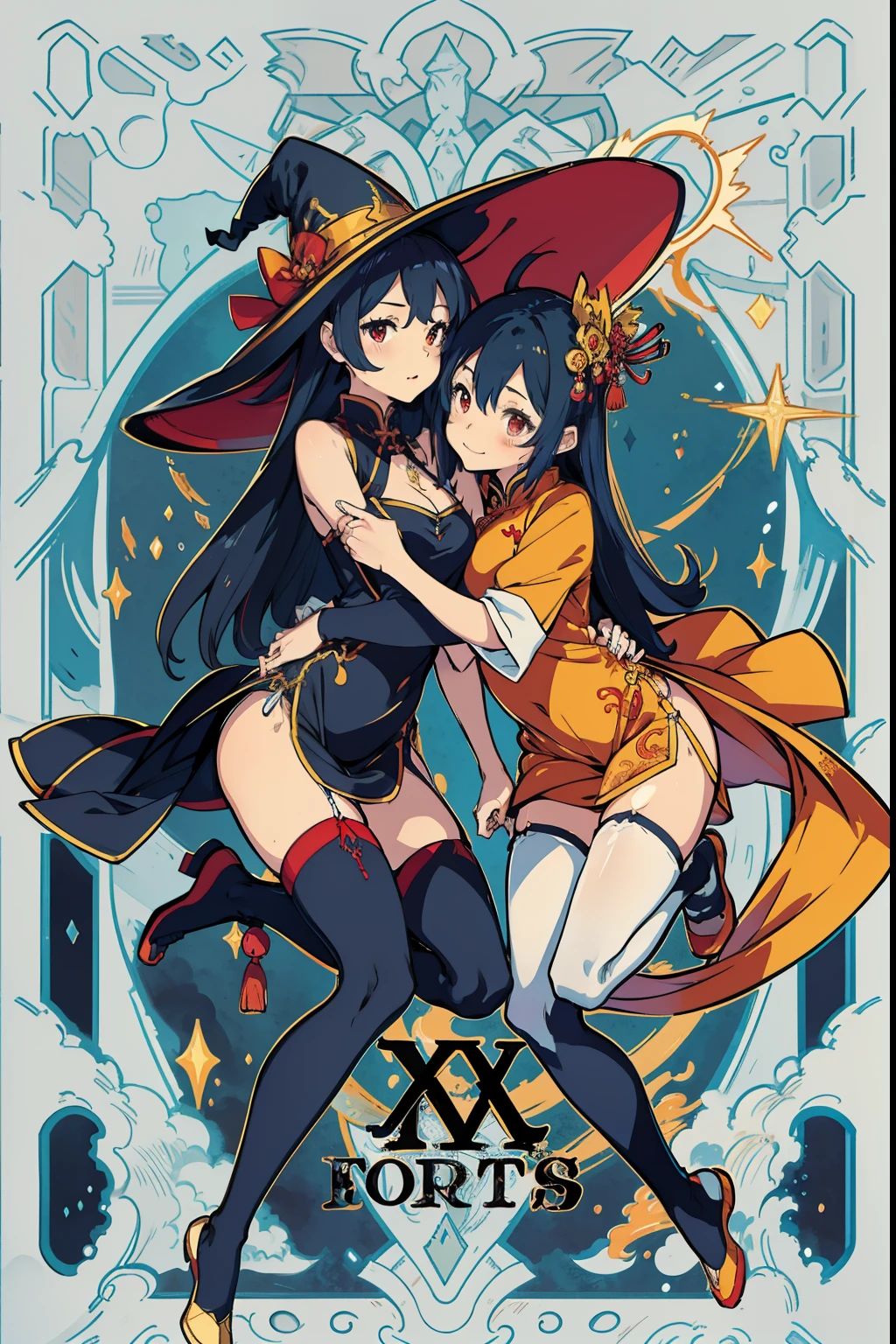 matching hairstyle,Match poses,sexyposture,High split end,high-waist,Bright colors,Magic background,water background,Traditional Chinese ancient background,Chinese dragon flat pattern,Chinese moire,the sky background,2girls,2 Witches,Witch hat,Stocking tights,Jumpsuits,Intimate dress,Wrap tightly,Pantyhose wrapped around the hips,Sexy,Wrap your entire body in clothes,Silk dress,mistic,Lady,Smiling,inquisitive,extremely beautiful legs,Sexy girl pose,lesbian,French kiss,Wet kiss,face to face,hugs,cuddle,Close contacts,Snugly fit together,Side Body,Kiss,tongue kissing,Lovers,stroking each other,desire big breasts,squelch,Body overlap,squishing,Squeeze the chest,Squeeze each other's chests,Love,Love each other,garter,leg loops,Pantyhose wrapped around the hips,body curve,stooped,mistic,Stocking tights,Jumpsuits,Witch hat,Best quality at best,tmasterpiece,best pixiv art