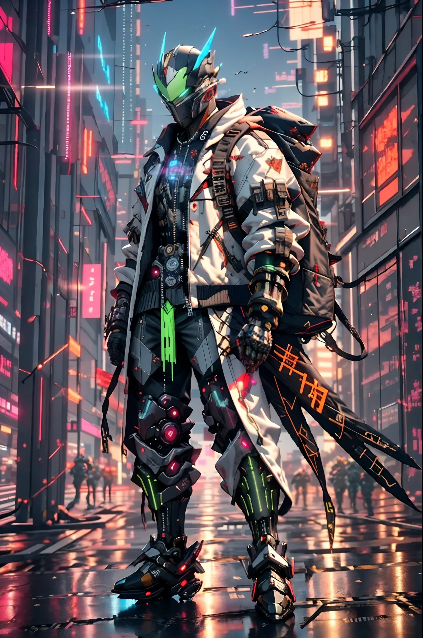 there is a man in a black and green outfit with a backpack, cyberpunk streetwear, cyberpunk suit, cyberpunk street goon, cyberpunk wearing, cyberpunk techwear, muted cyberpunk style, has cyberpunk style, style of cyberpunk, wearing cyberpunk streetwear, cyberpunk soldier, hyper-realistic cyberpunk style, cyberpunk character design, all black cyberpunk clothes, crow in cyber armour, cyberpunk clothes