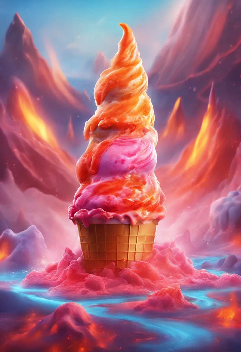 ((ice cream made with lava)), fancy volcano ice cream, luminism, Maya render, fire colors, (melting lava), fancy volcano background, (8k, best quality, masterpiece:1.2), (realistic, photo-realistic:1.5),((ultra-detailed))