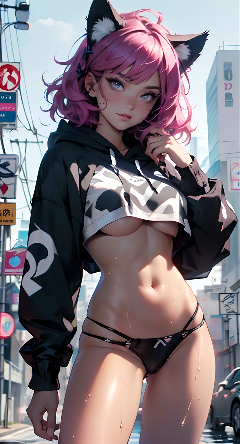 girl spacepunk,(((1girl))),((beautiful girl with bright and luminous cat ears)),
(large breasts:1.4),saggy breasts,((black hair,black messy hair,colored inner hair,large hair,absurdly long unkempt hair:1.35,long black hair,ear breathing)),((((cat ears,cat ears on head,big cat ears)))),(((pink eyes:1.3,upturned eyes:1.3,perfect eyes,beautiful detailed eyes,finely detailed beautiful eyes:1,symmetrical eyes:1))),((fat)),(((lustrous skin:1.5,bright skin: 1.5,skin tanned,shiny skin,very shiny skin,shiny body,plastic glitter skin,exaggerated shiny skin,illuminated skin,wet legs))),(spider lower abdomen,narrow waist,wide hip,athletic body,inflated legs,delicate detailed fingers,detailed body,human hands,(detailed face)),
cute,slutty,seductive,erotic,(((nsfw))),
(graffiti art in clothes),zettai ryouiki,revealing clothing,show skin,(((underboob))),(cleavage),(semi-naked,with little clothing,((tiny thong)),bare legs,visible thong straps),((((crop top hoodie,cropped hoodie,hoodie,hoodie intricate)))),((wet clothes,detailed outfit,detailed clothes)),
(dynamic pose:1.0),solo focus,embarrassed,(centered,scale to fit dimensions,Rule of thirds),
cyberpunk city by the ocean at night, with bright neon signs and dark stormy clouds and puddles,
High resolution, sharp focus, (ultra detailed, extremely detailed), (photorealistic artwork:1.37), 8k wallpaper,((synthwave background theme)),(((vibrant colors,))),(intricate),masterpiece,(best quality),synthwave neon colors,