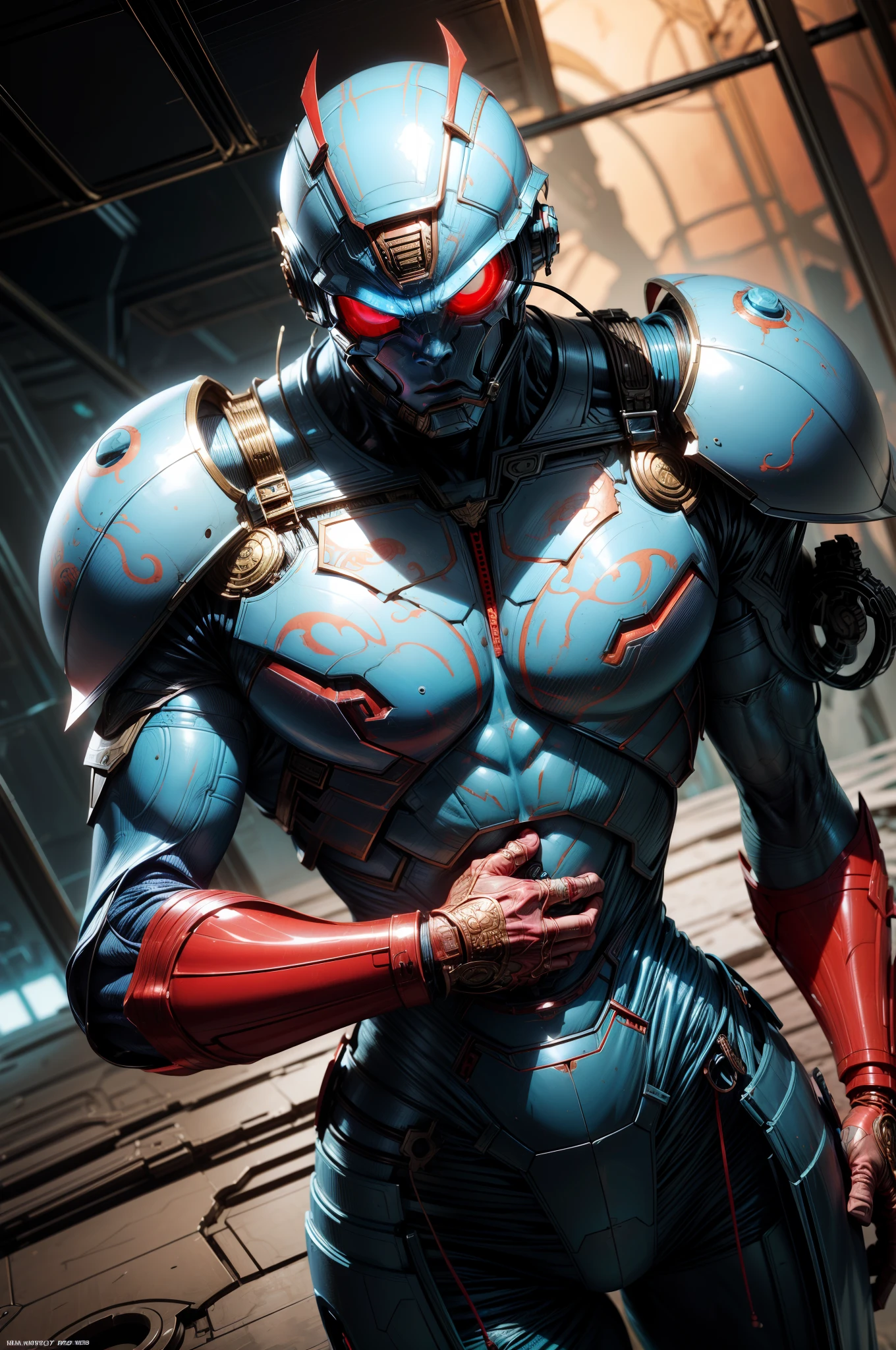 Solid thick super muscly male alien portrait, translucent red helmet, pale blue skin, ultra realistic, intricate details, looper artifacts, half cyborg, highly detailed by peter mohrbacher, allen williams, hajime sorayama, wayne barlowe, boris vallejo, aaron horkey, gaston bussiere