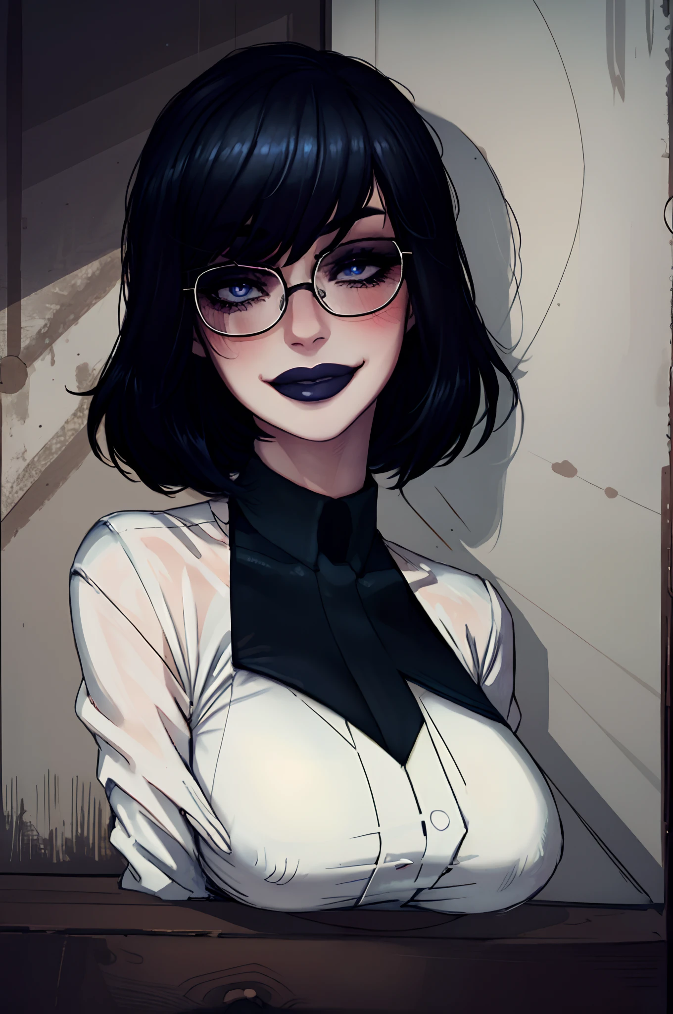 beautiful, (masterpiece:1.2), (best quality:1.2), perfect eyes, perfect face, perfect lighting, 1girl, solo, portrait, cute face, blue and black hair, glasses, blush, pale skin, goth makeup, face portrait, seductive expression, seductive look, smiling, formal shirt